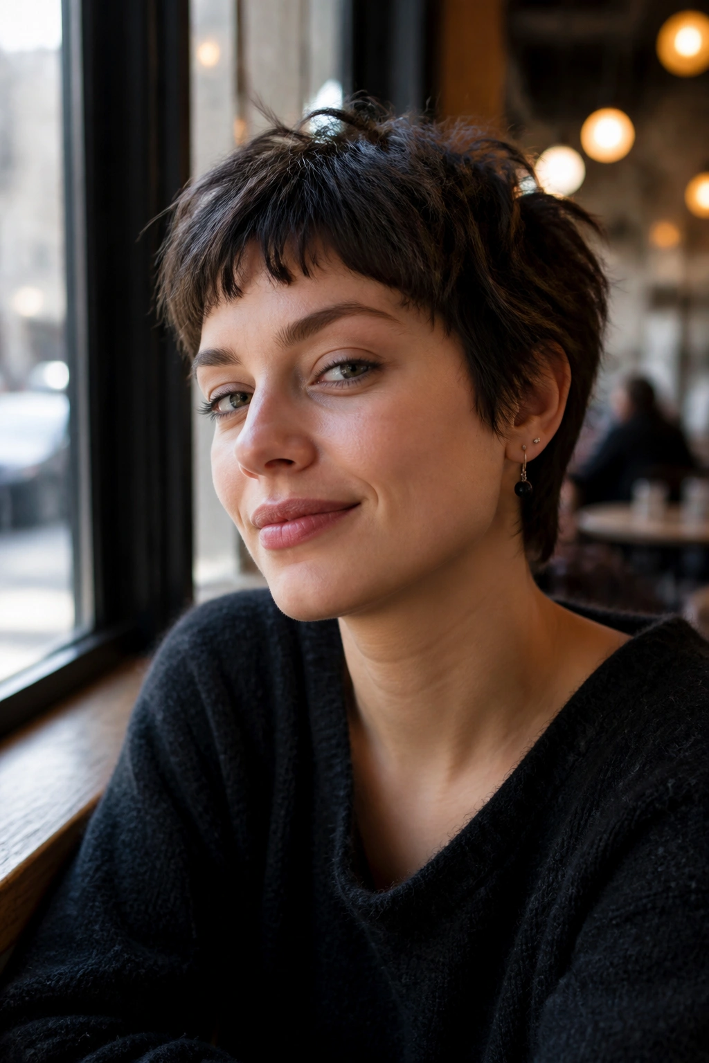 Close-up of a person with baby bangs and a messy fringe in a cafe setting