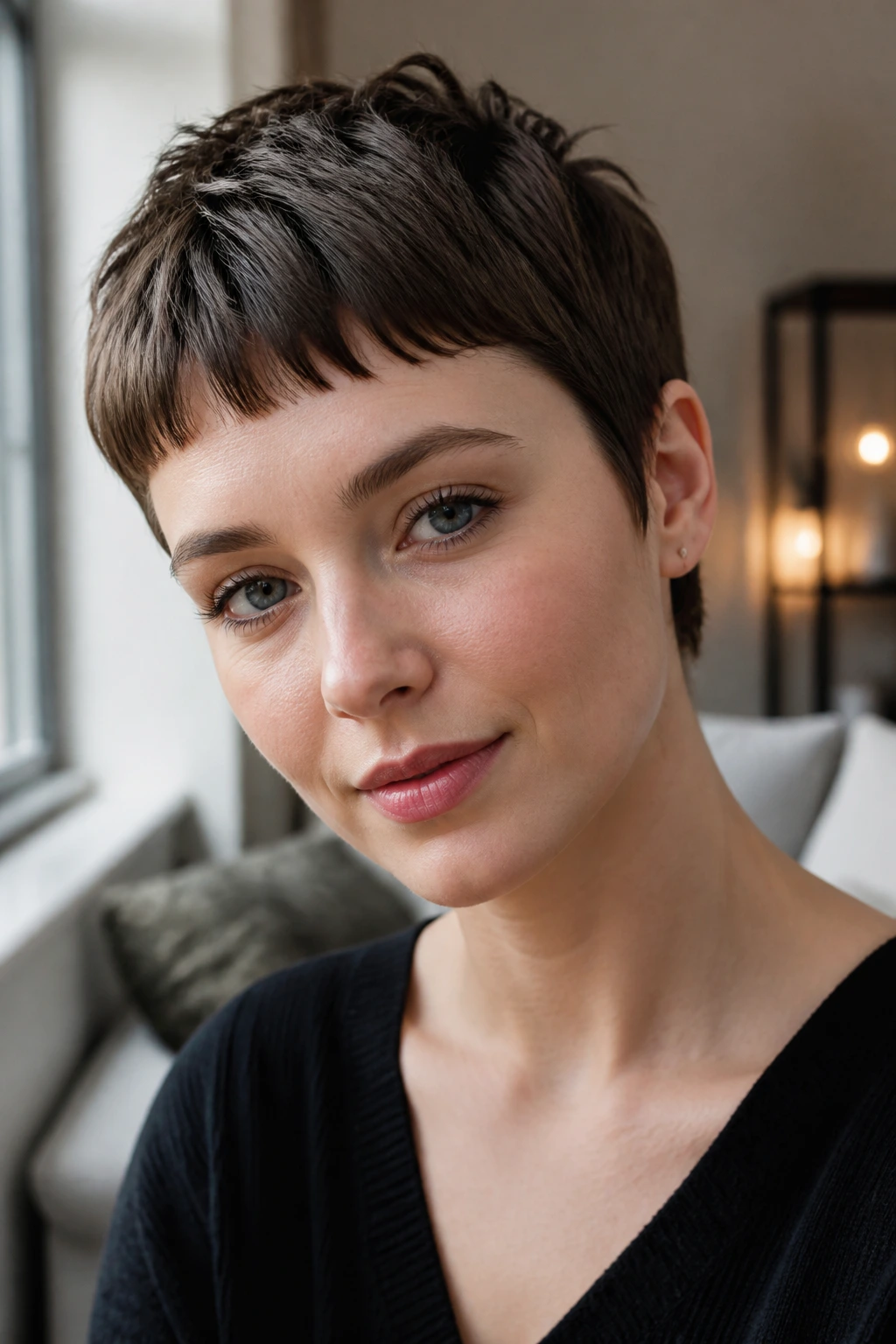 Close-up portrait showing Baby Bang Pixie with wispy baby bangs