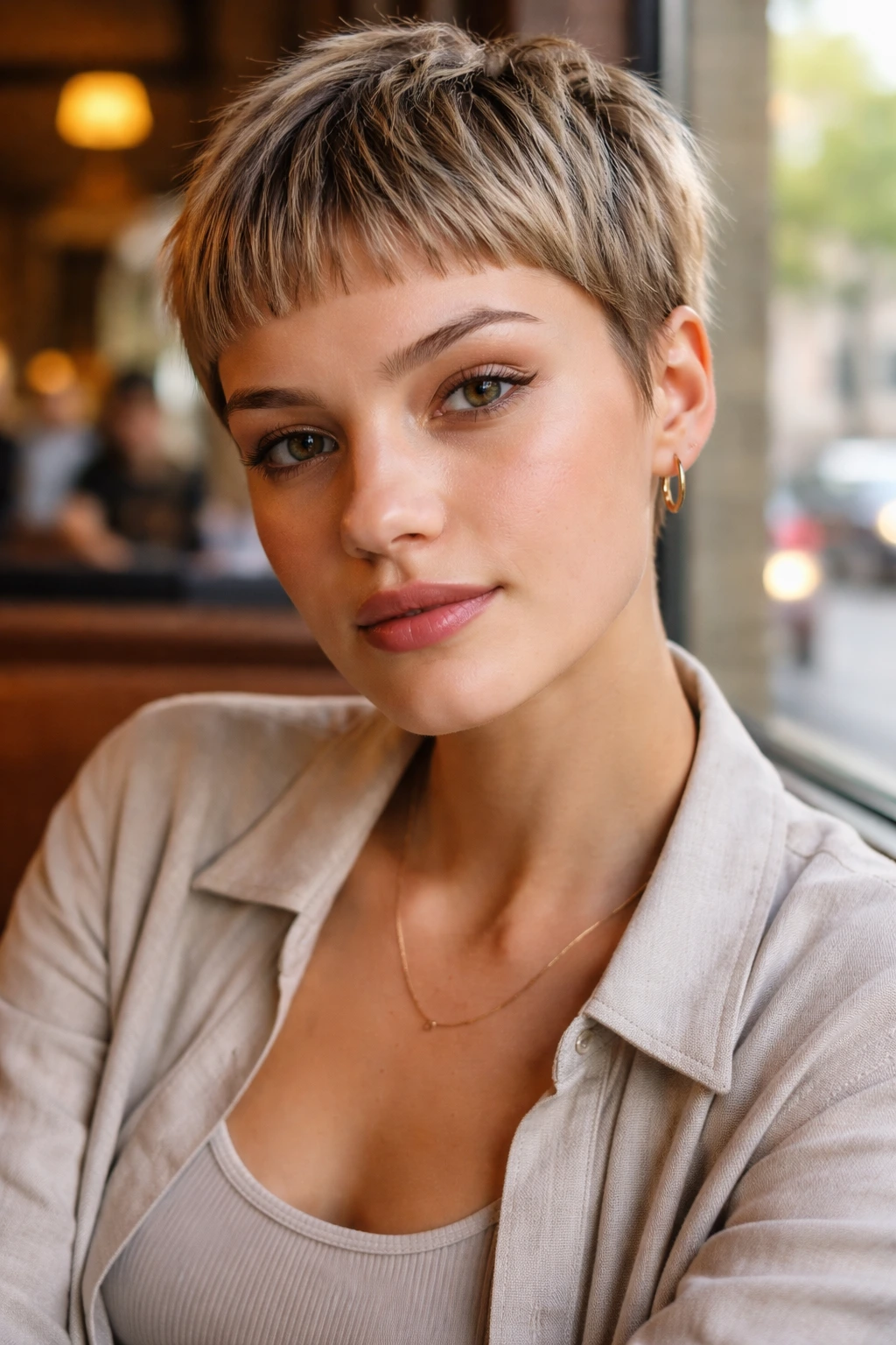 Close-up portrait of a woman with micro bangs pixie above the eyebrows.