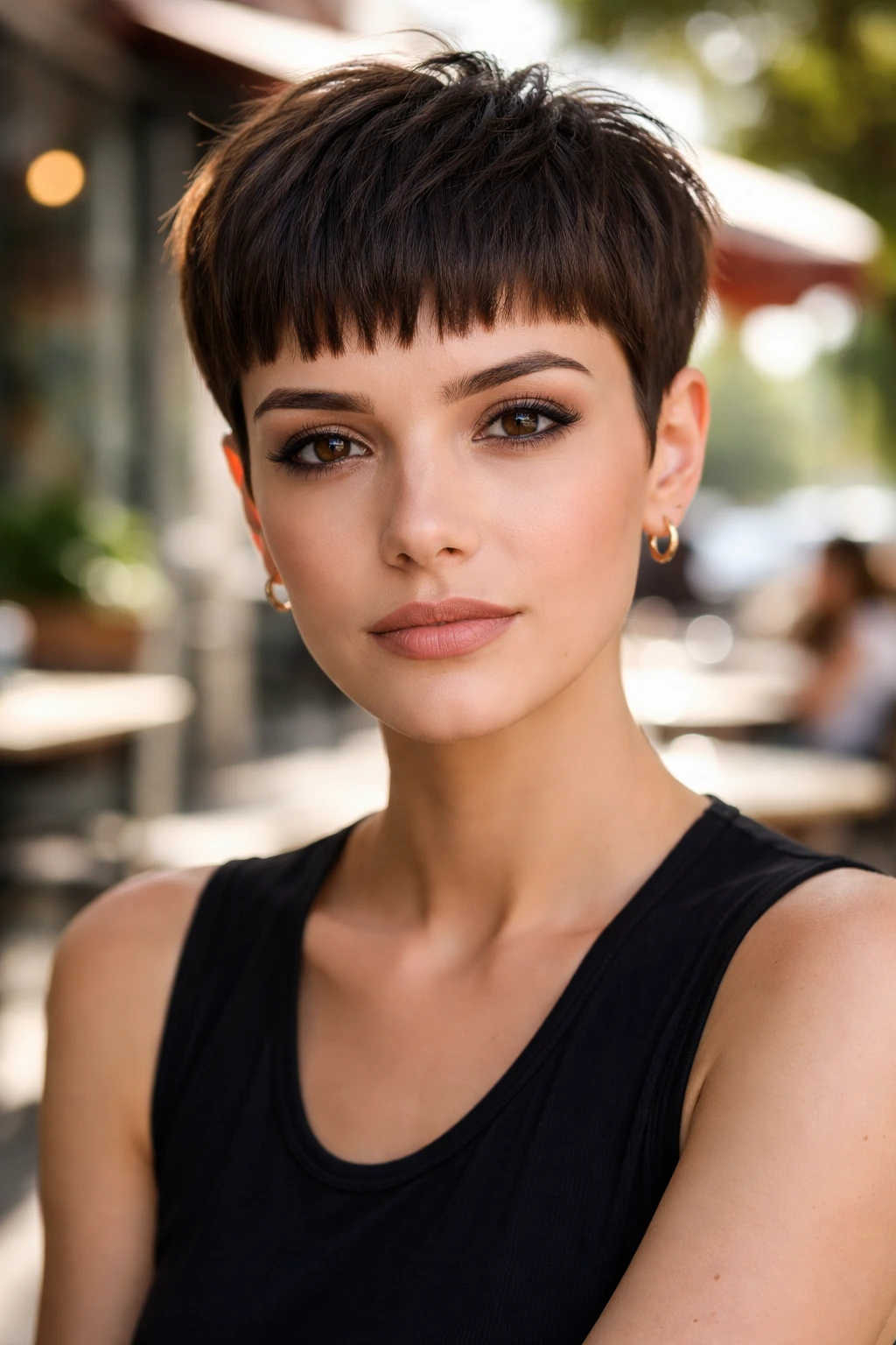 Close-up of brunette with micro fringe baby bangs above the eyebrows