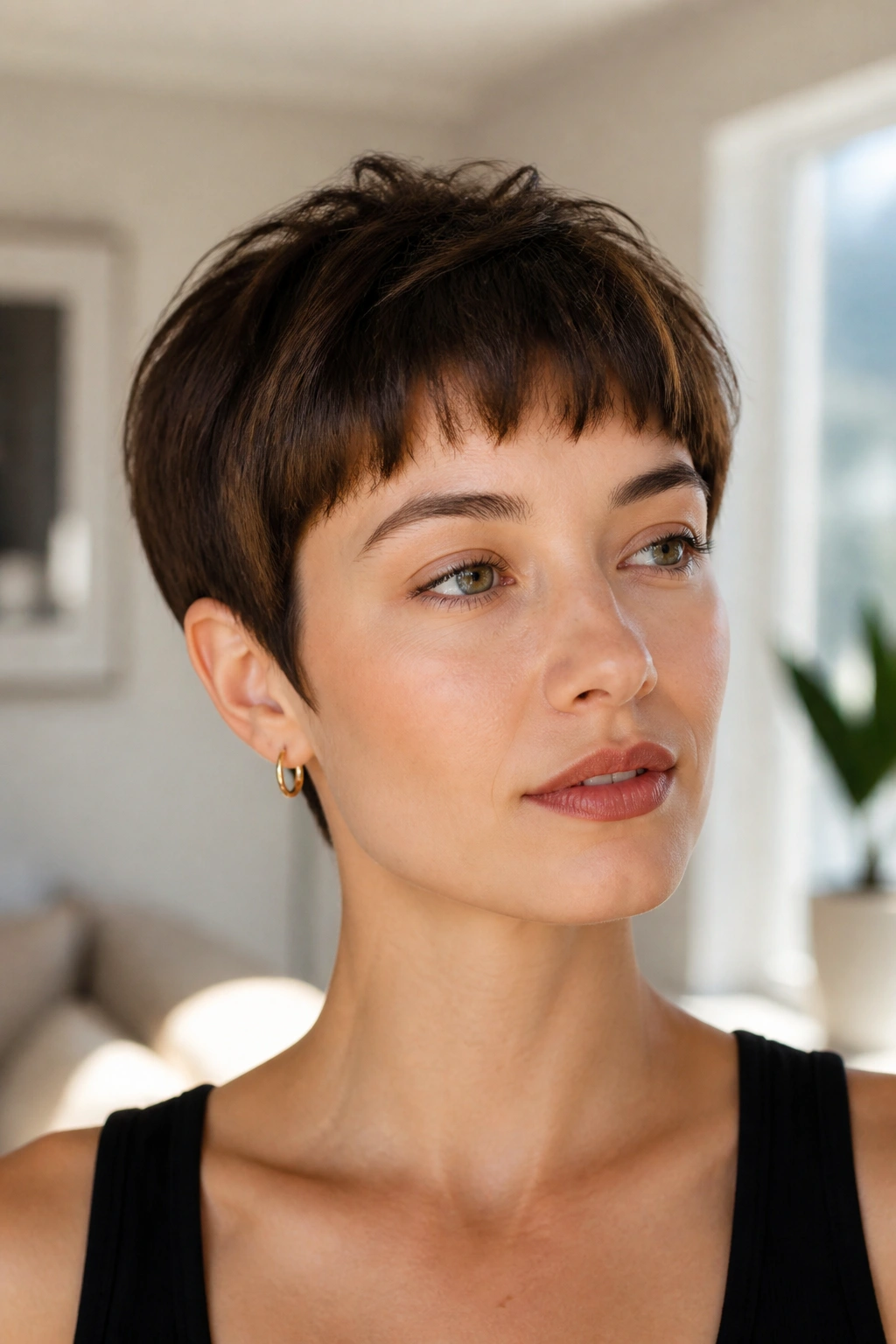Close-up portrait of a real woman with baby bangs on a pixie cut.