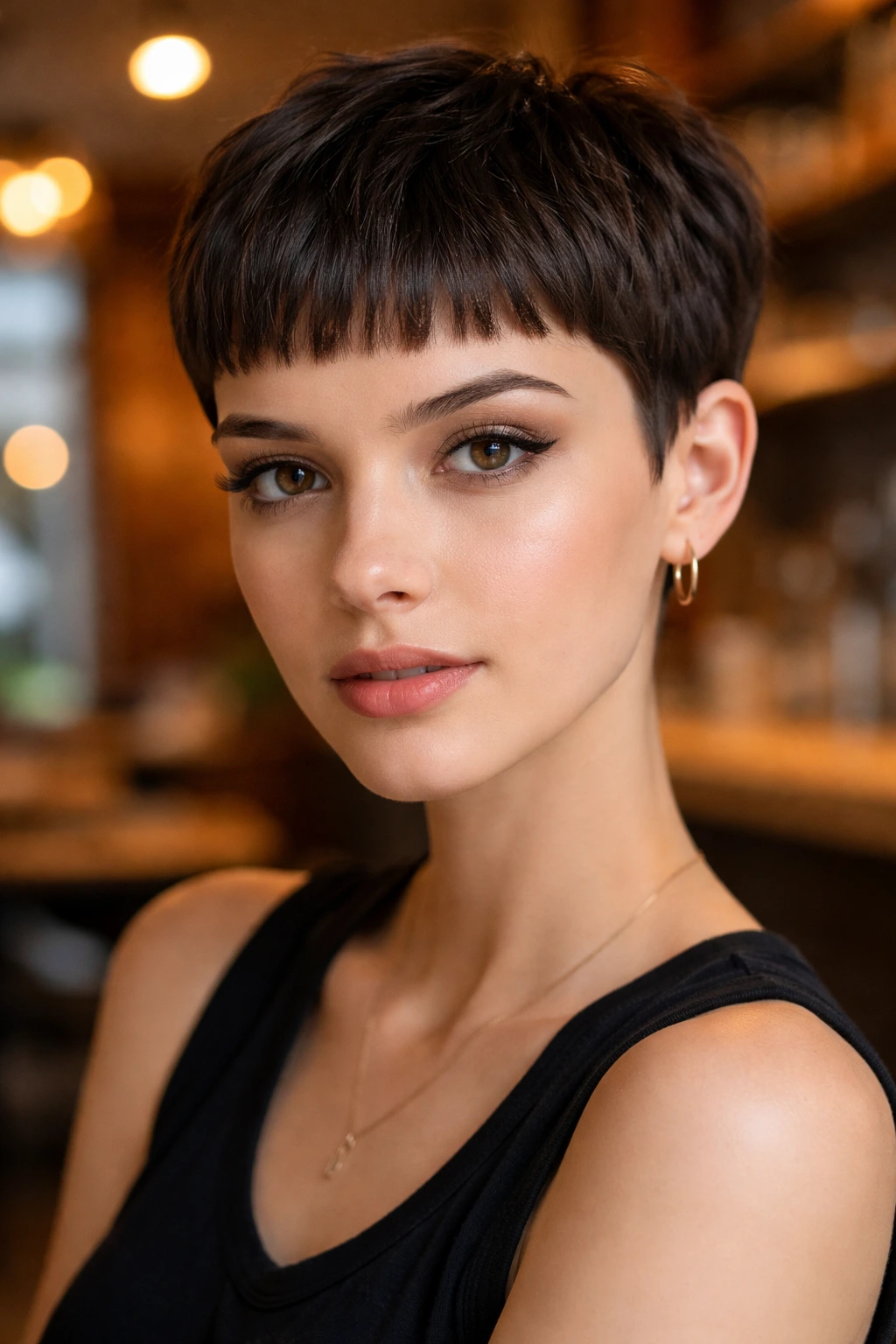 Portrait of a woman with baby bangs pixie hairstyle in cafe