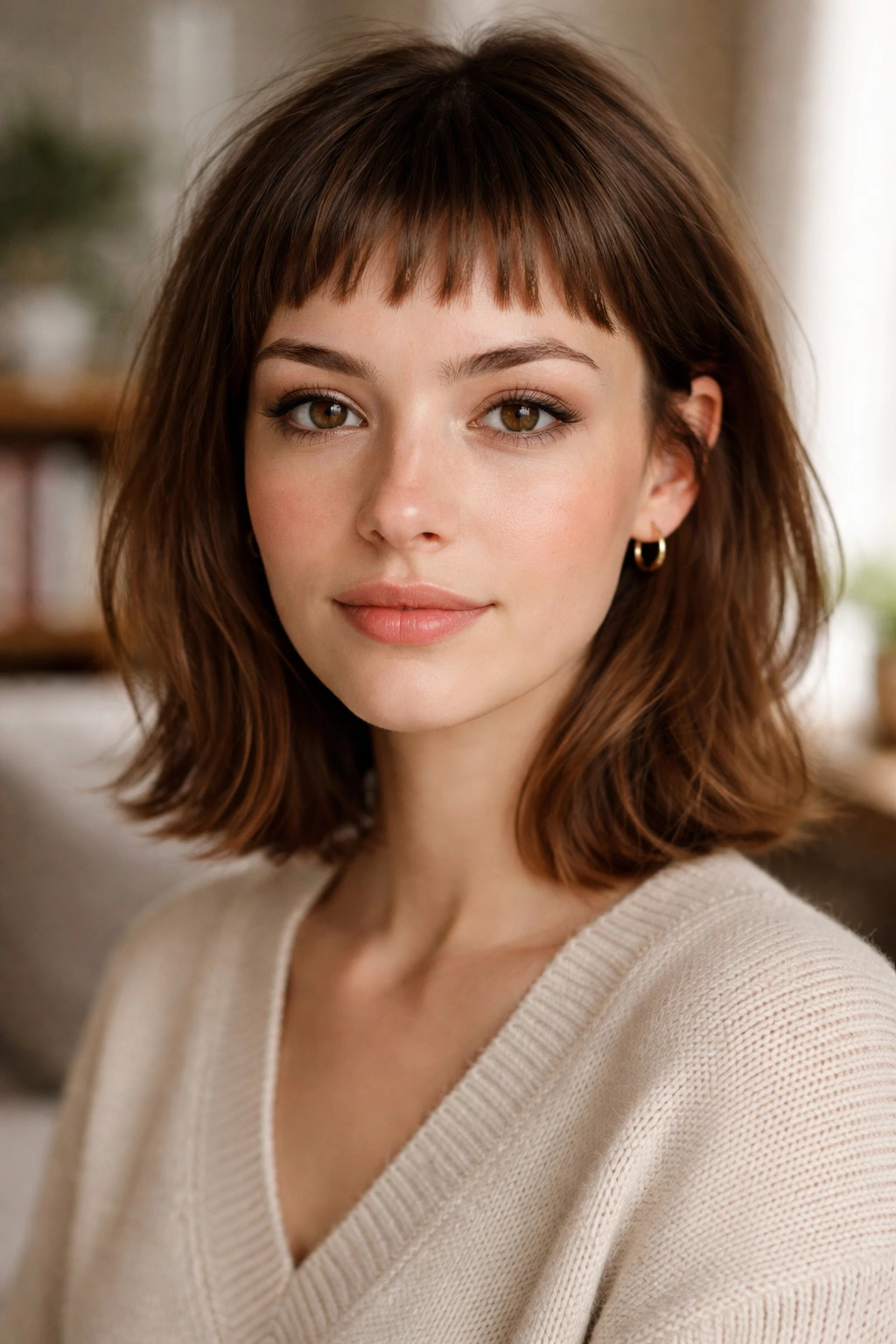 Close-up of baby bangs with soft taper on a real woman, textured fringe.