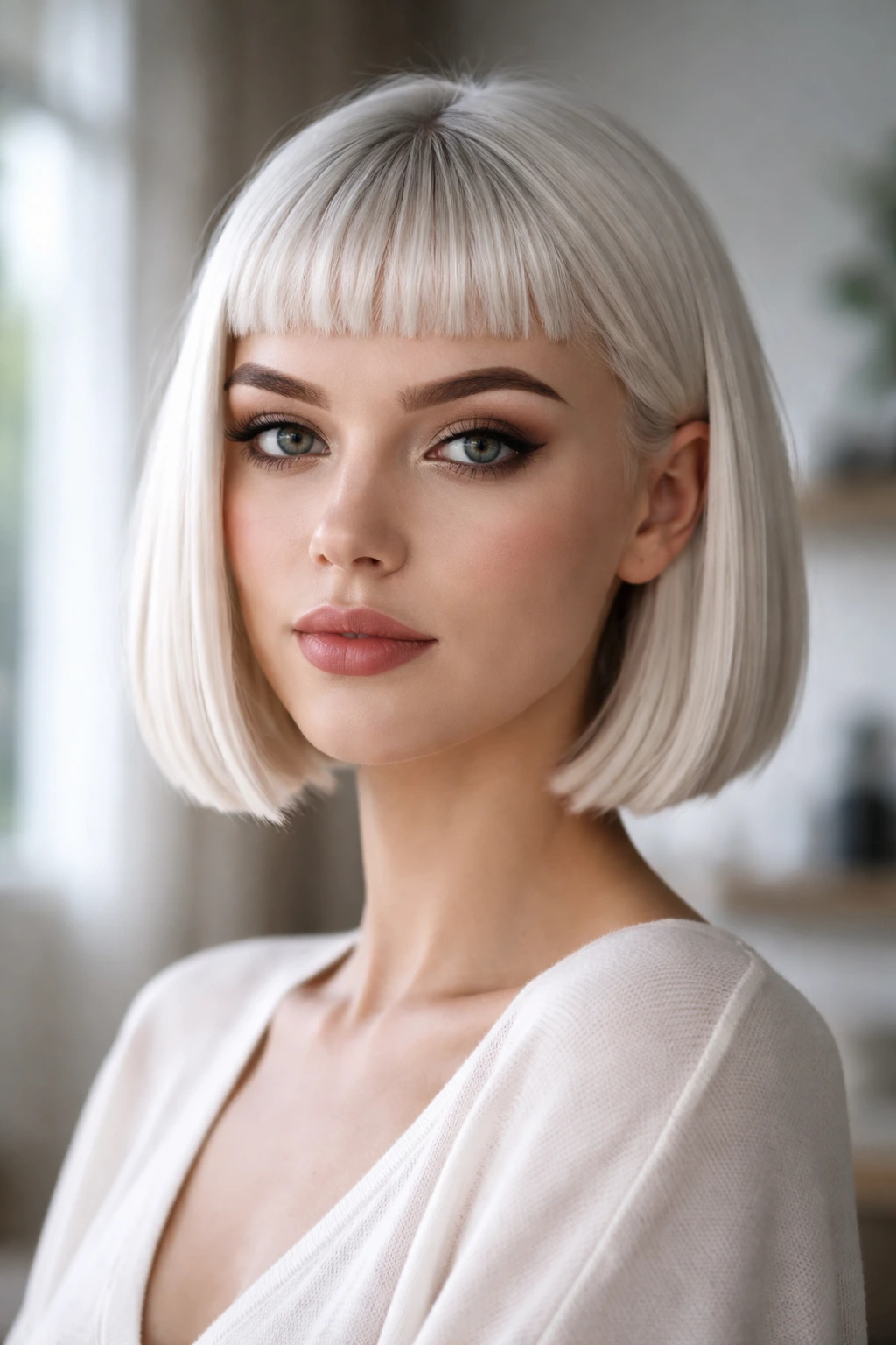 Portrait of a real person with a sleek bob and blunt baby bangs