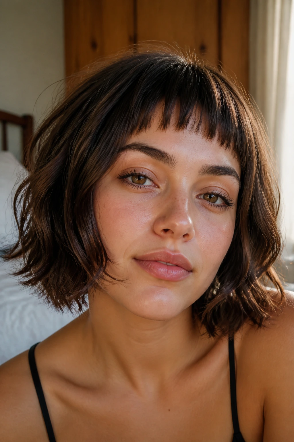 Close-up of a real woman with textured baby bangs in a sunlit bedroom