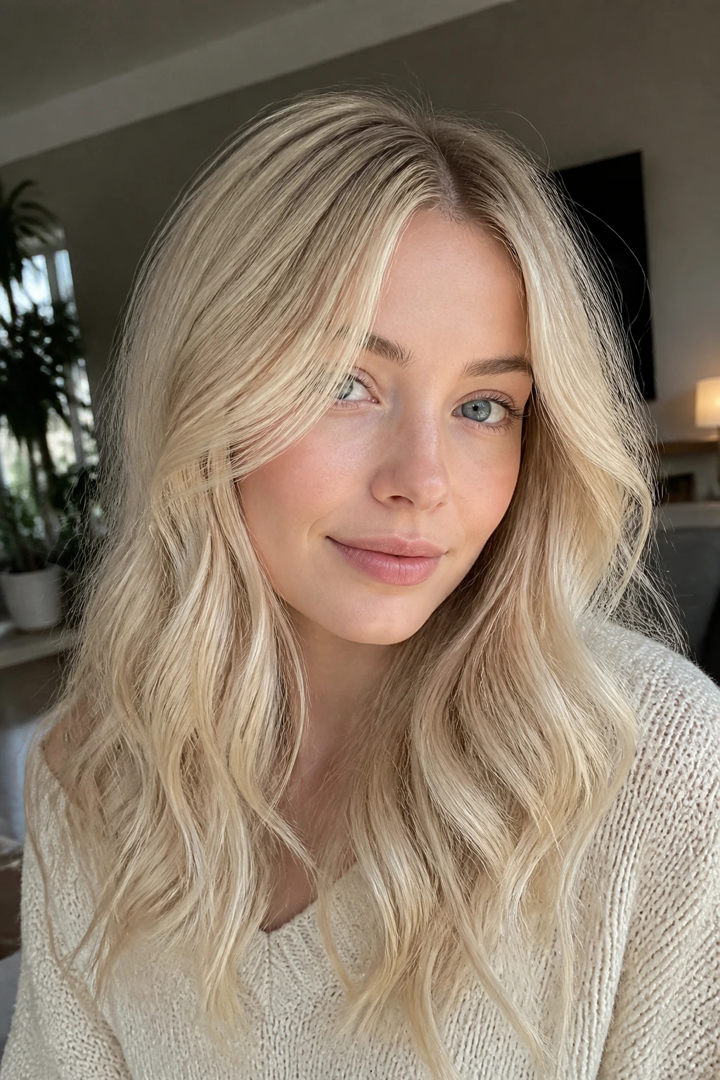 Close-up portrait of a real person with baby blonde babylights across hair