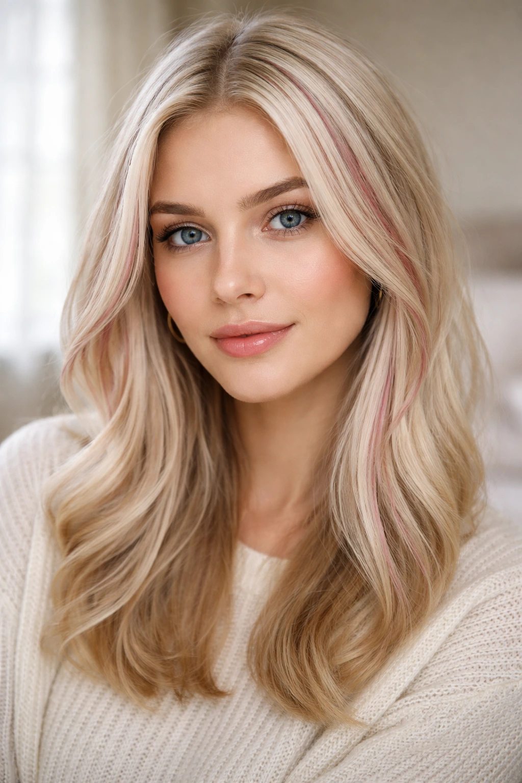 Close-up portrait of a real woman with baby blonde hair and pink rose ribbons framing the face