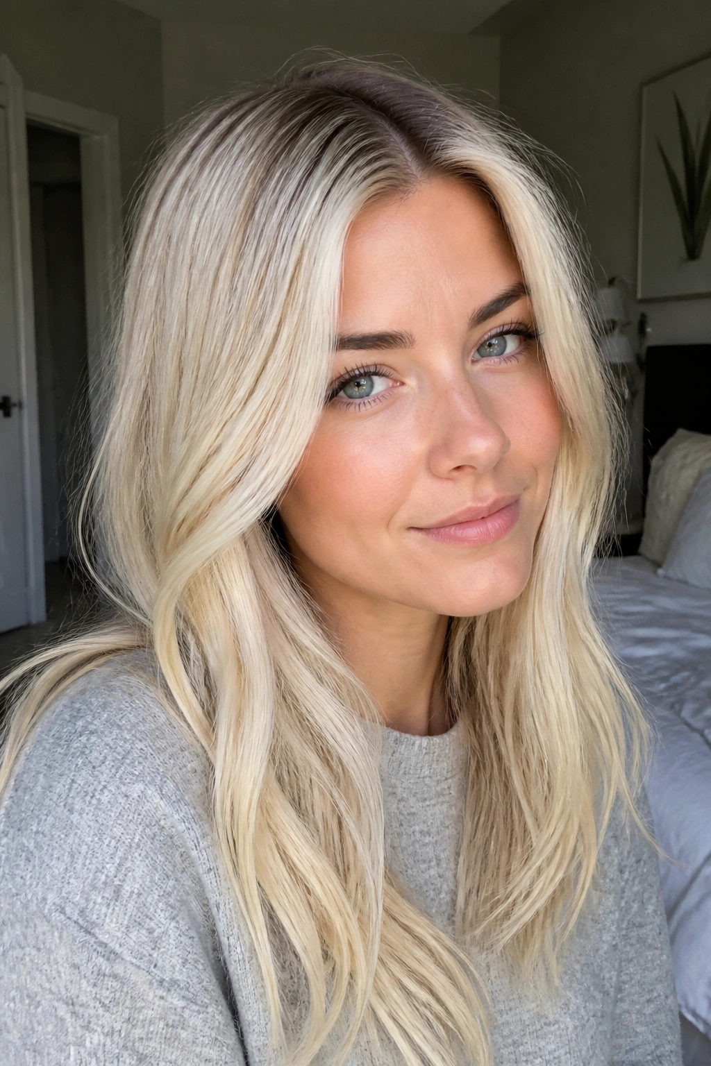 Real person with baby blonde hair and a soft shadow root in soft daylight