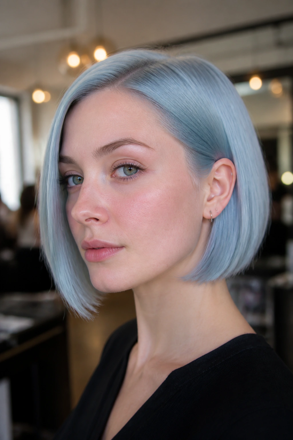 Close-up portrait of a real person with a neat baby blue bob in a chic salon