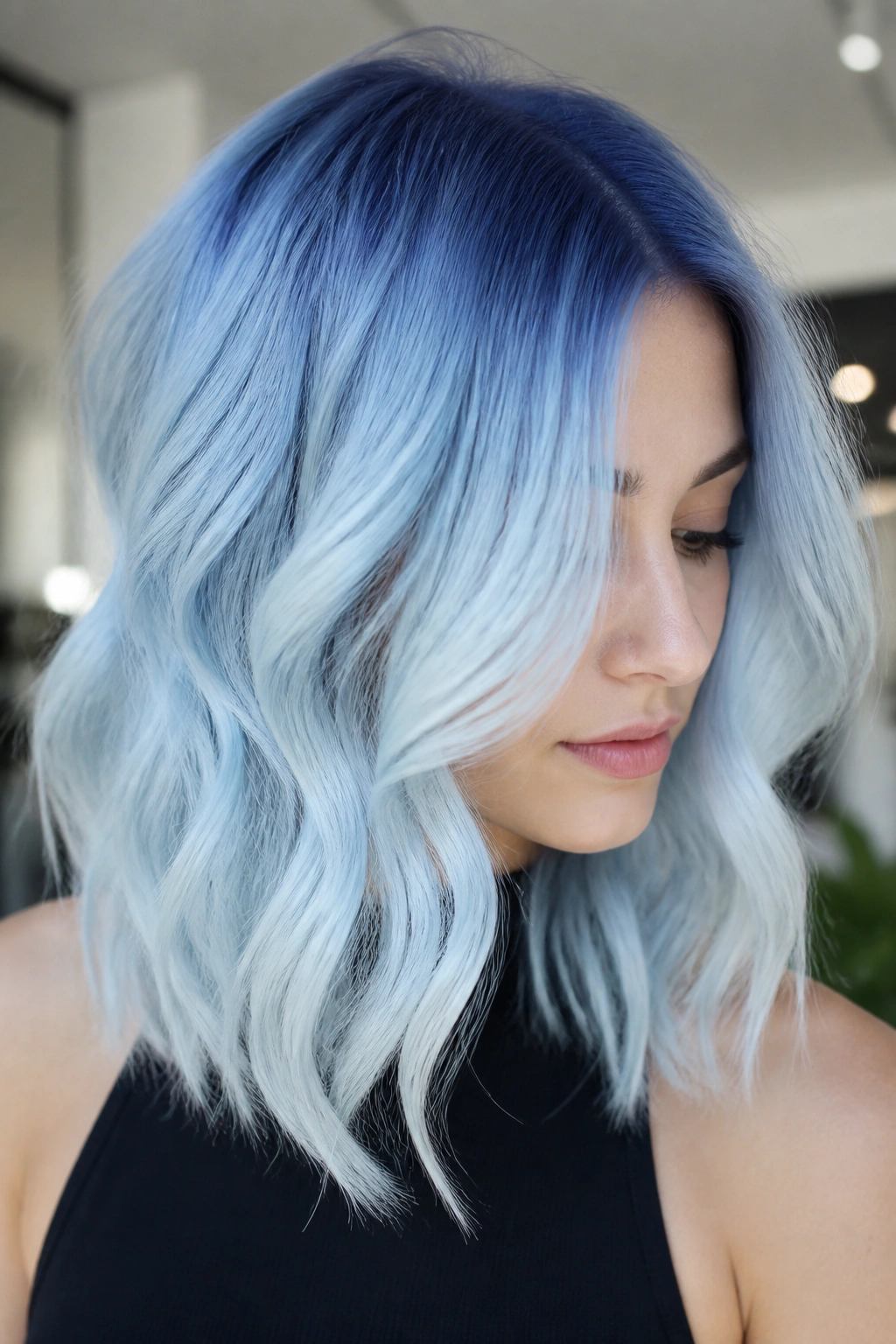 Close-up of a real person with baby blue melt hair gradient
