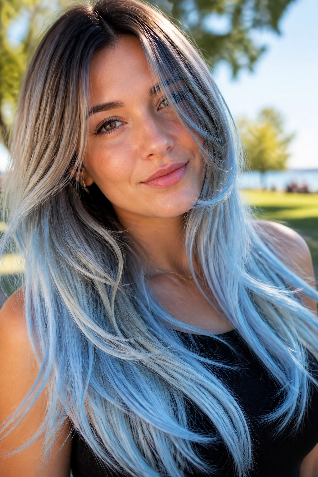 Close-up of woman with frosted baby blue ombre on feathered ends in park