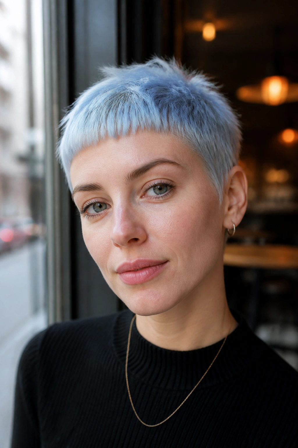 Real woman with baby blue micro fringe pixie hairstyle in cafe