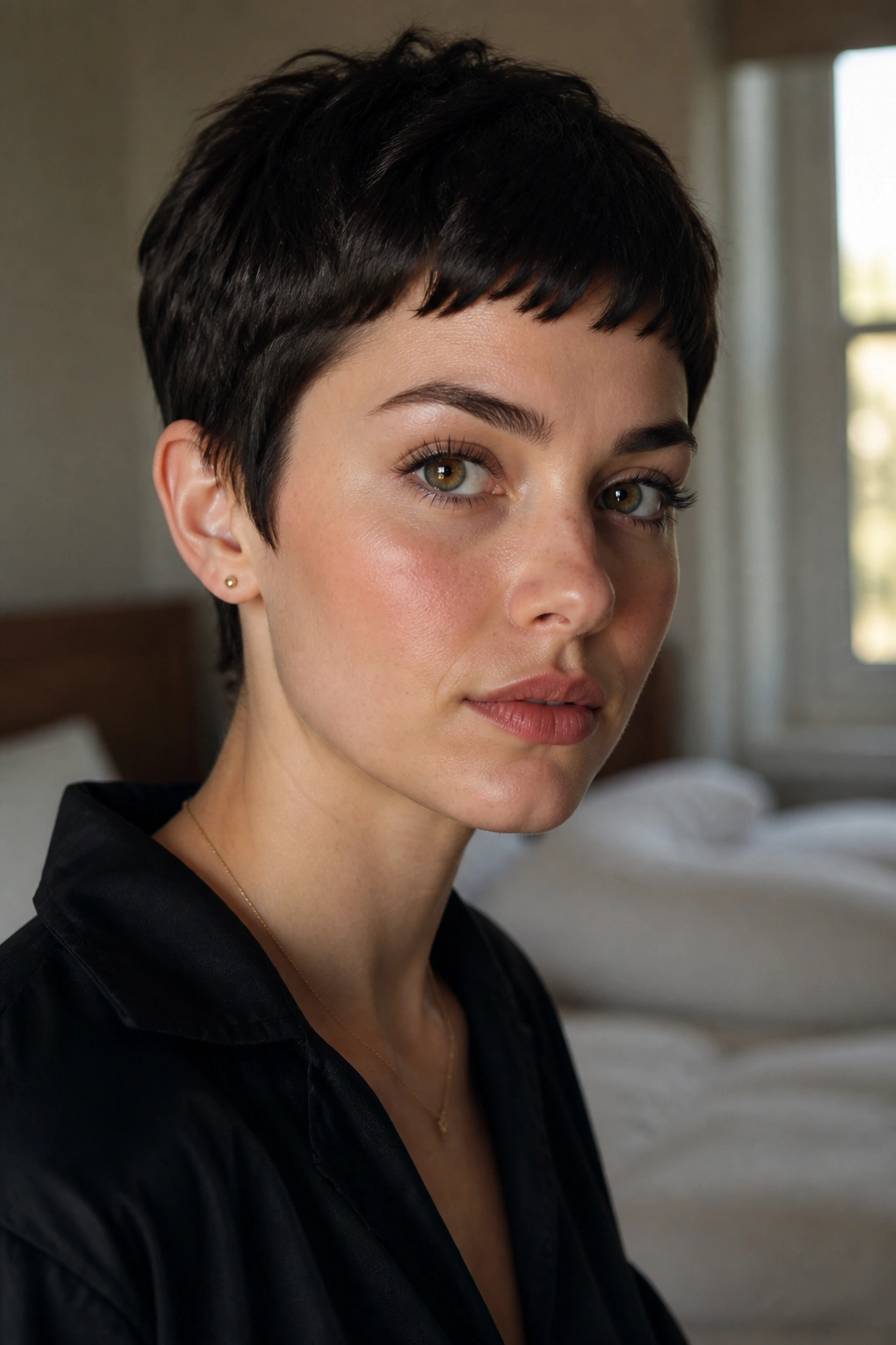 Close-up of a real woman with baby fringe pixie and bold fringe