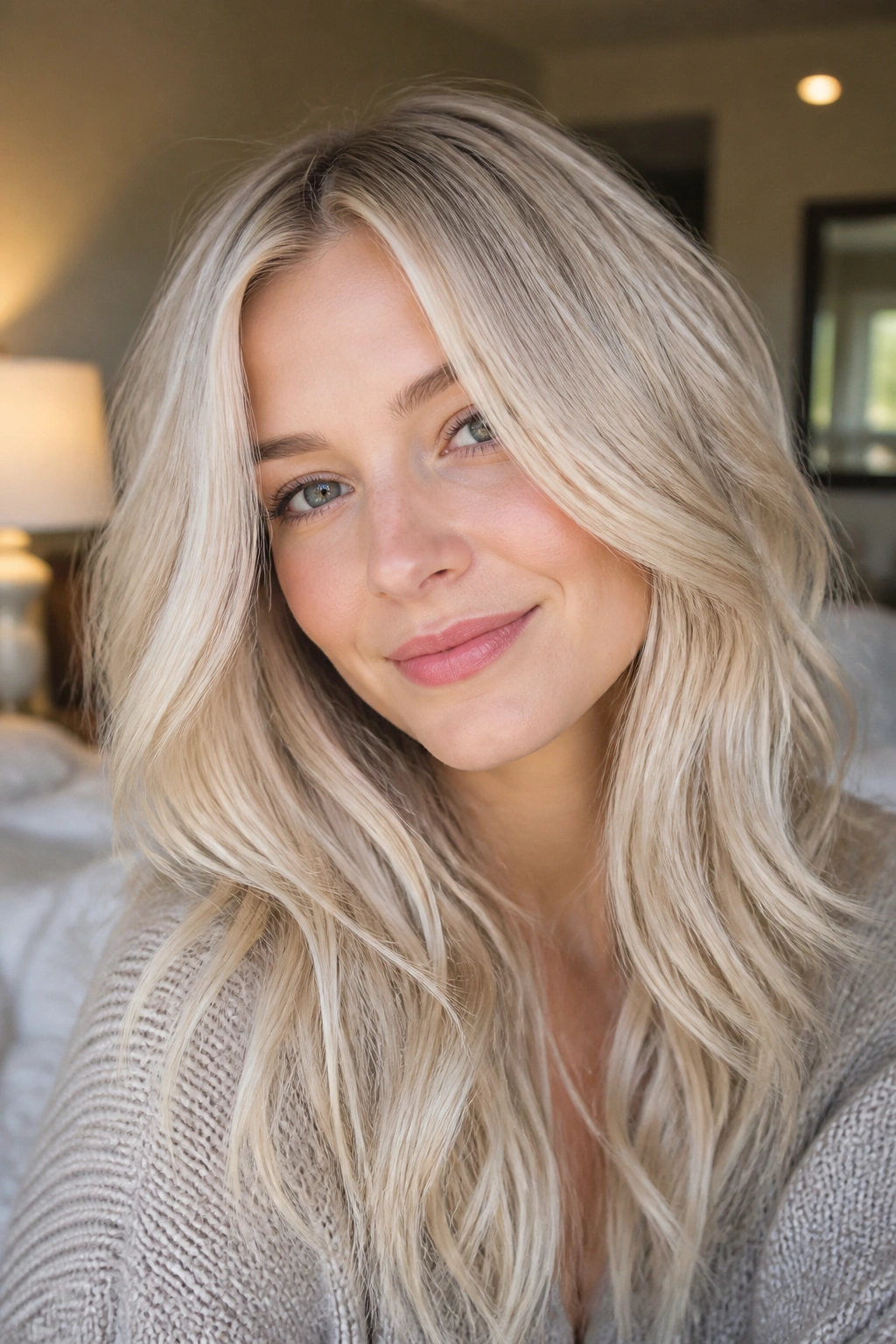 Close-up portrait of a real person with baby-light platinum waves and fine highlights