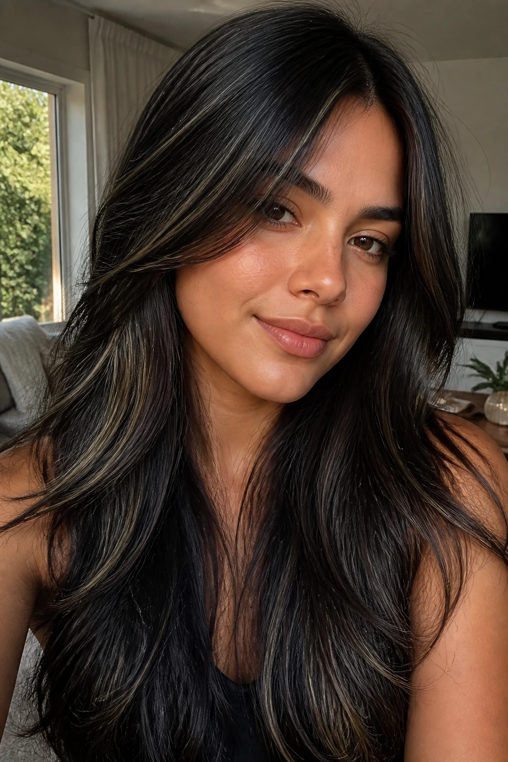 Close-up of a real woman with long black layers and subtle baby lights