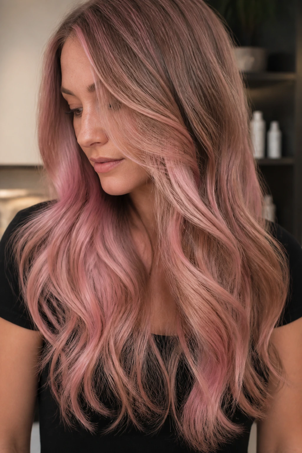 Real woman with baby pink balayage hidden layers in long hair.
