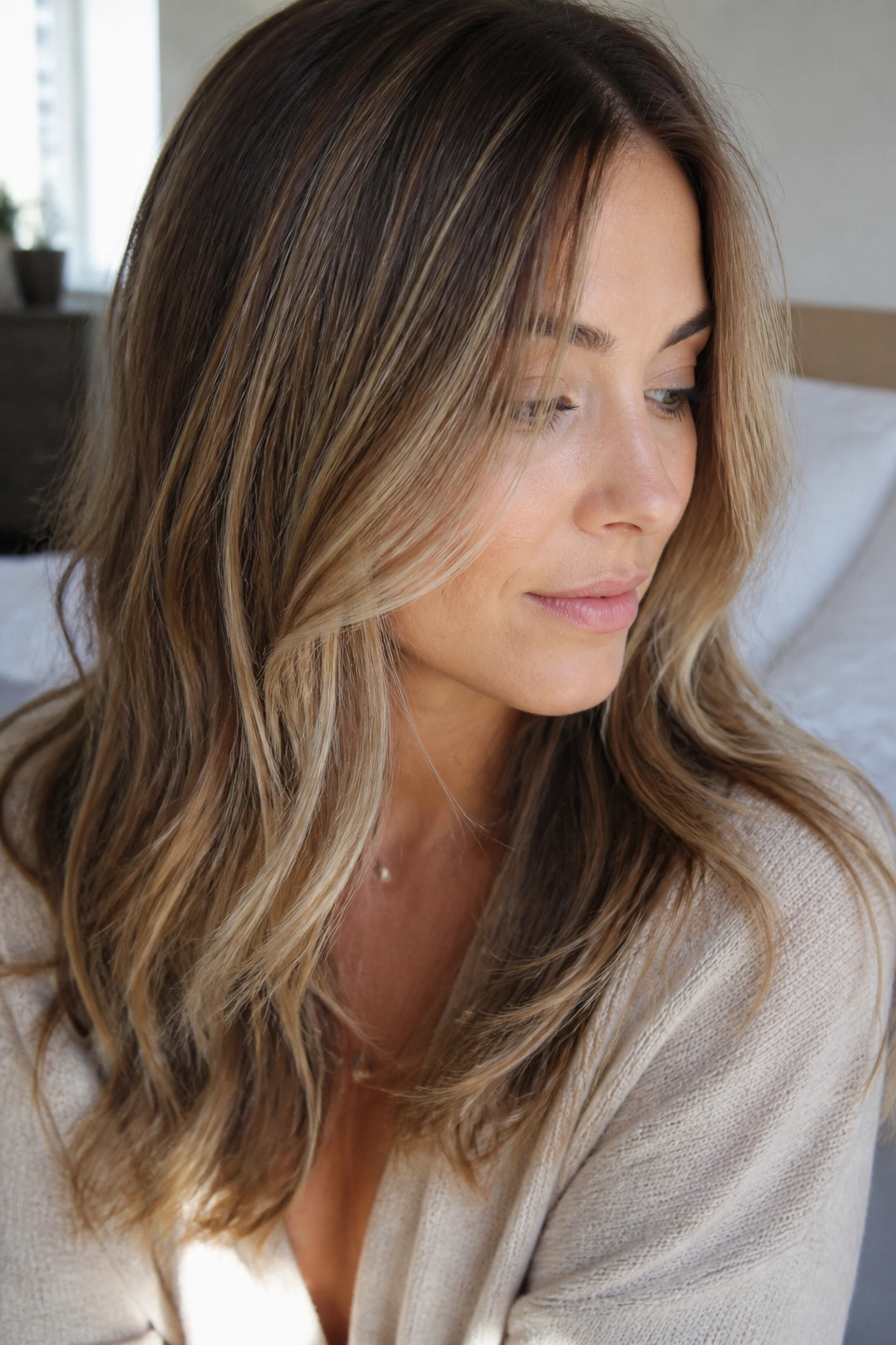 Close-up of real woman with fine babylights balayage on hair.