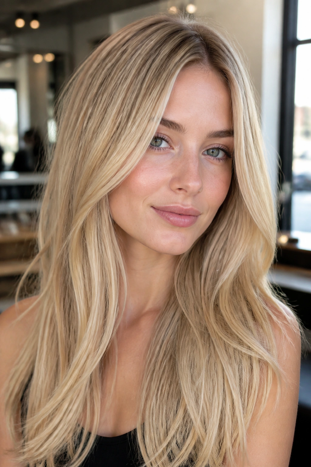 Real woman with Babylight Butter Blonde hair in a sunlit setting.