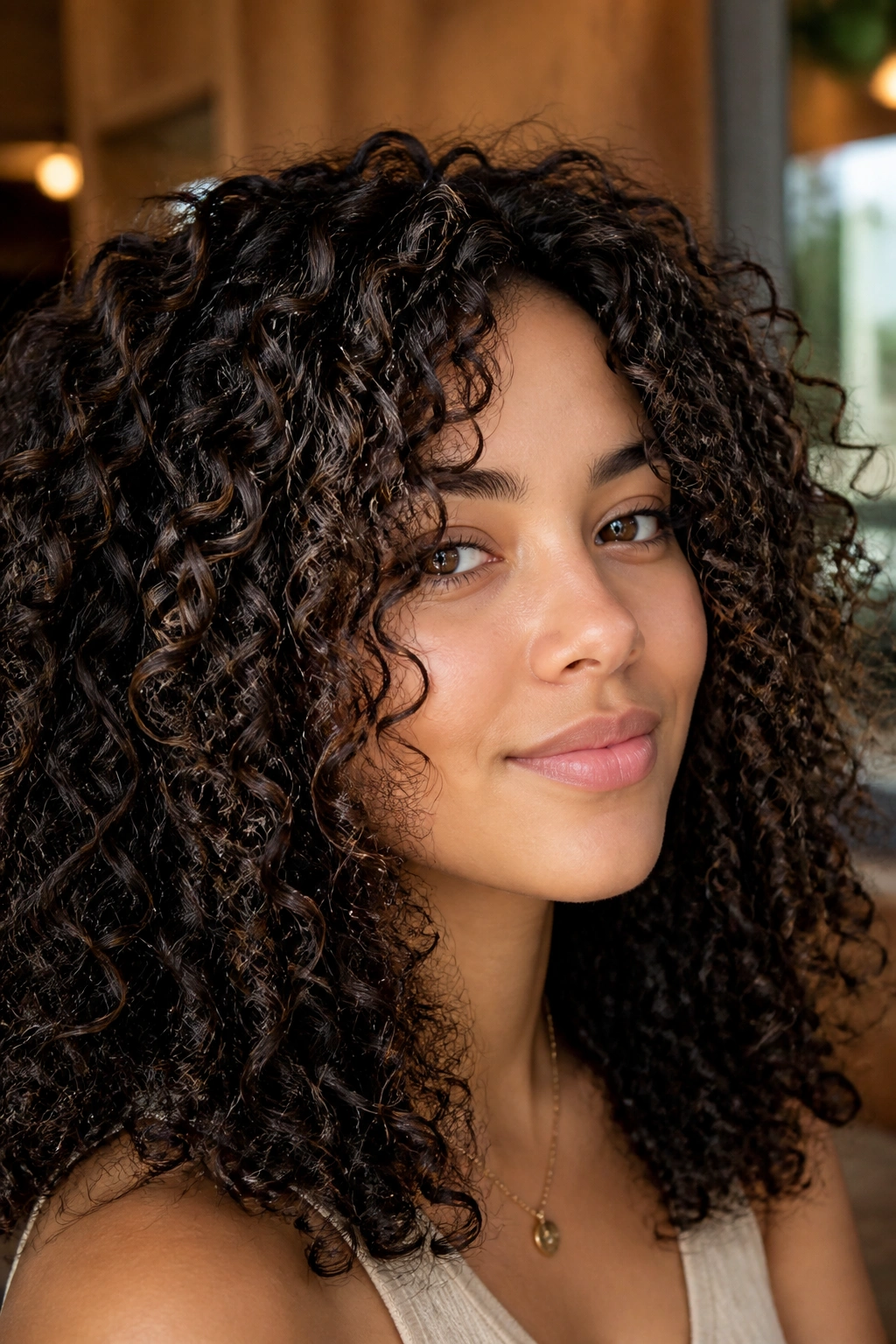 Close-up of a real person with curly hair showing thin black babylight highlights inside curls