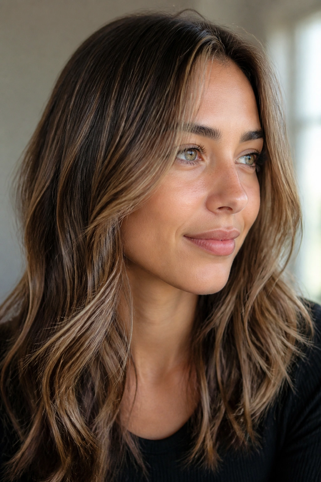 Brown hair with subtle babylights creating a barely-there glow.