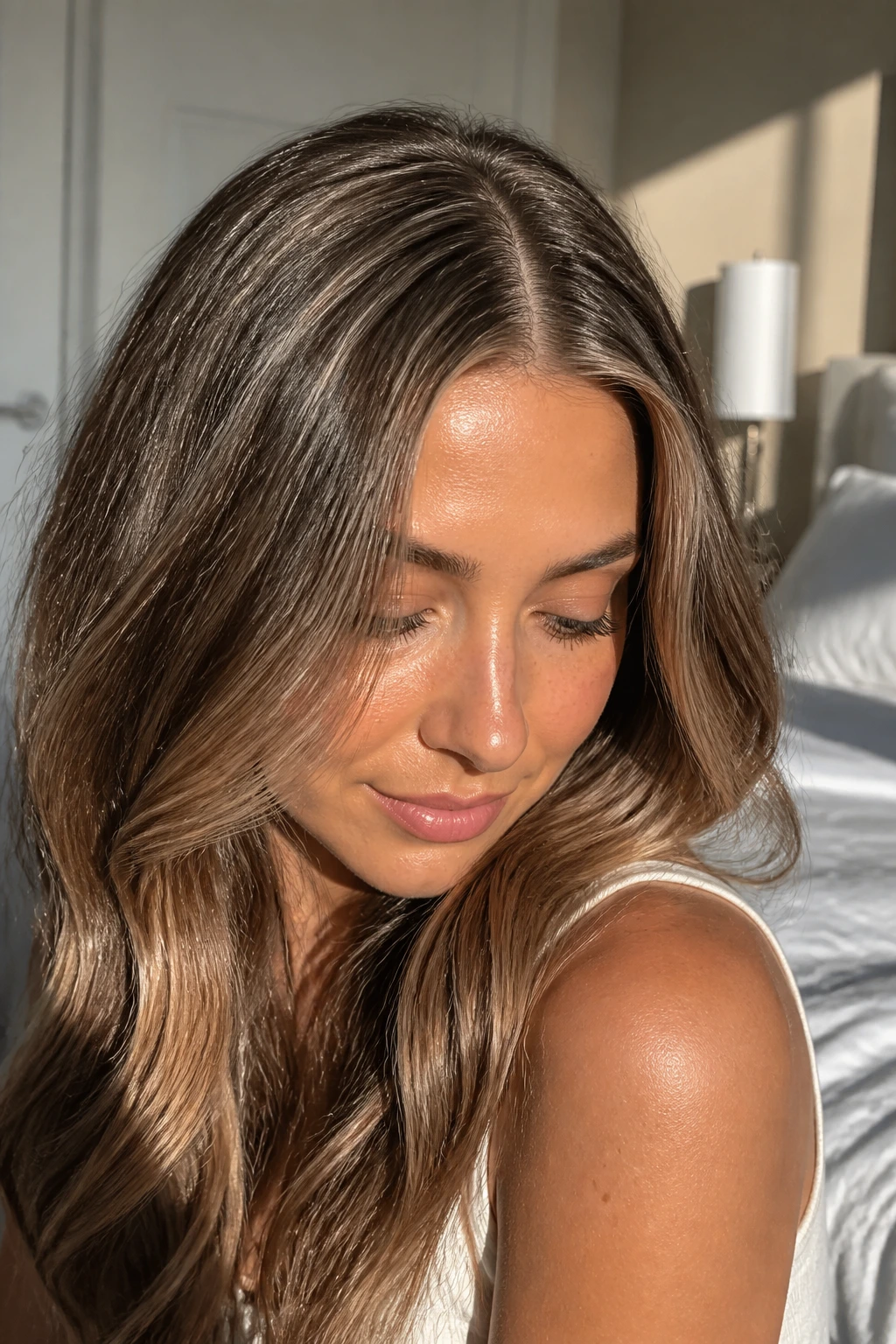 Close-up of brown hair with babylights and beige gloss