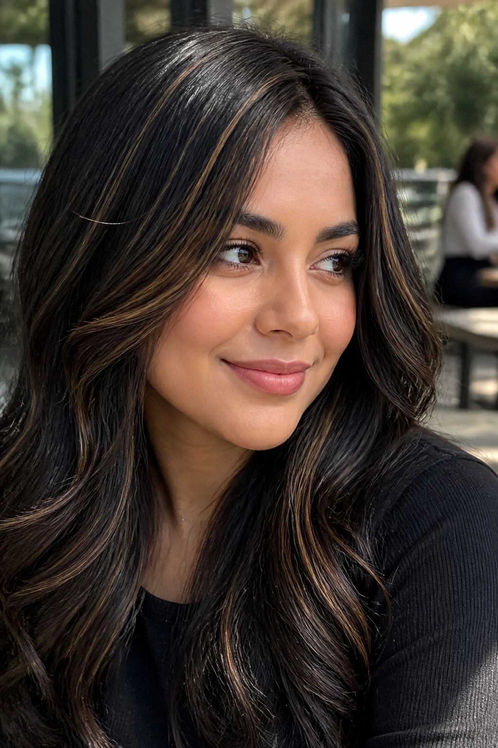 Close-up of real woman with fine babylights over black hair, soft shimmer at crown.