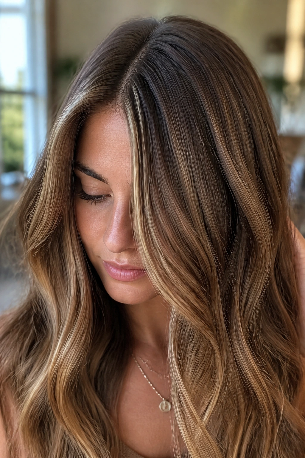 Close-up of fine babylights on brown hair show natural shimmer.