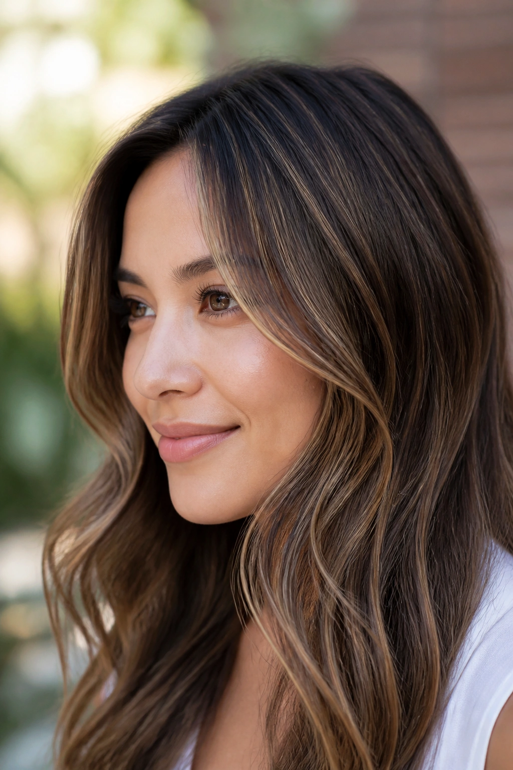 Real woman with ultra-thin babylights creating a barely-there glow on brown hair.