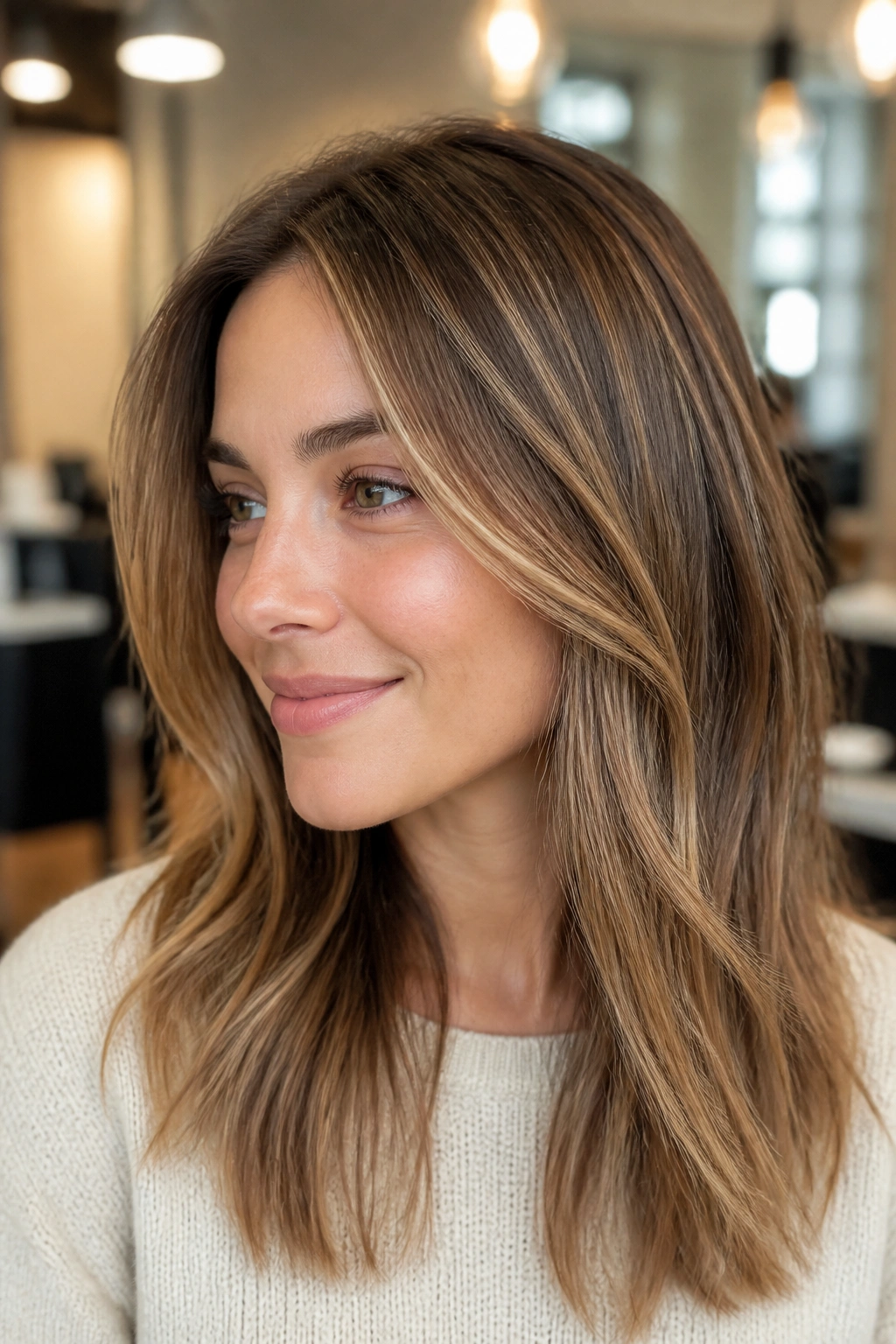 Close-up of brown hair with fine honey caramel babylights for a soft finish