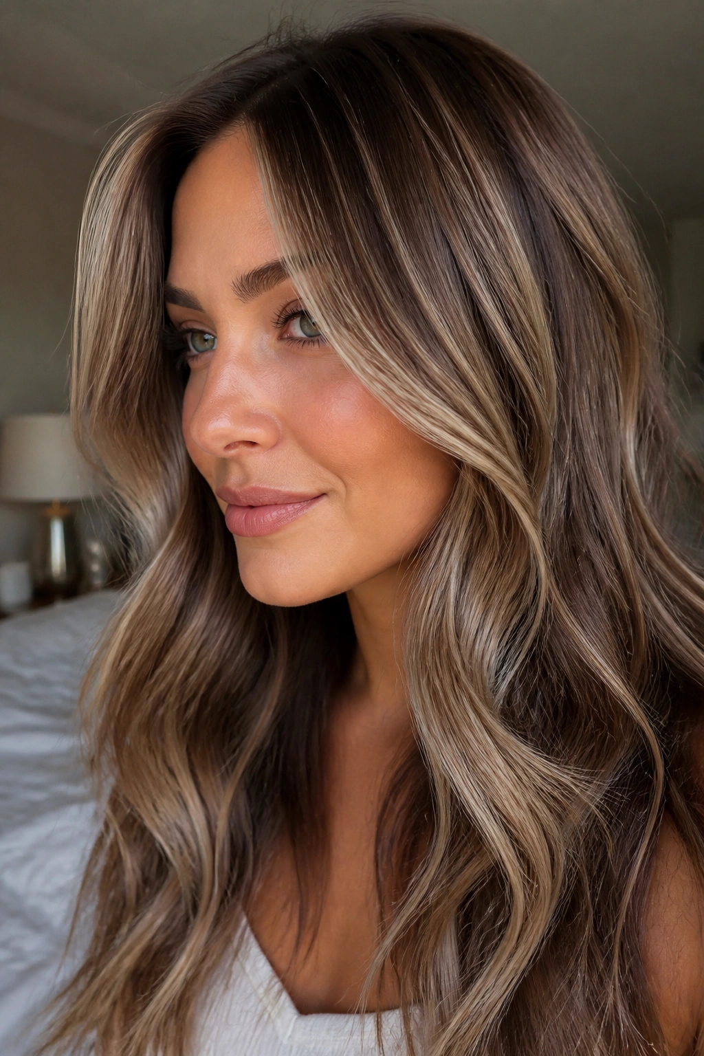 Close-up of brunette with delicate platinum babylights blending into the base