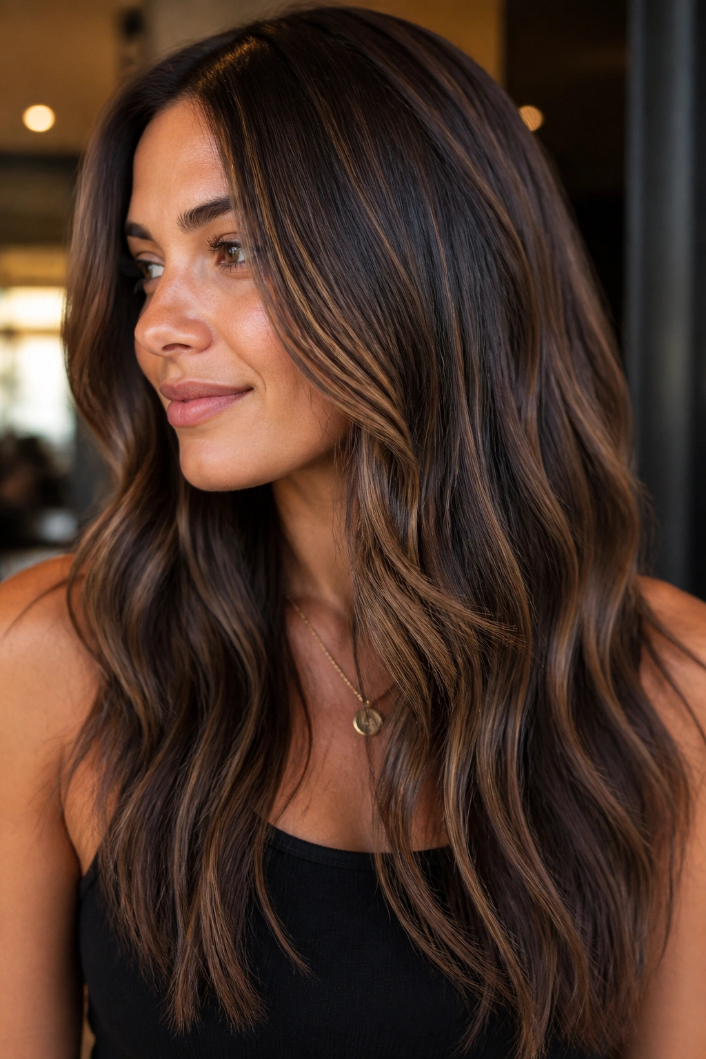 Brown hair with seamless chocolate babylights showing soft shine