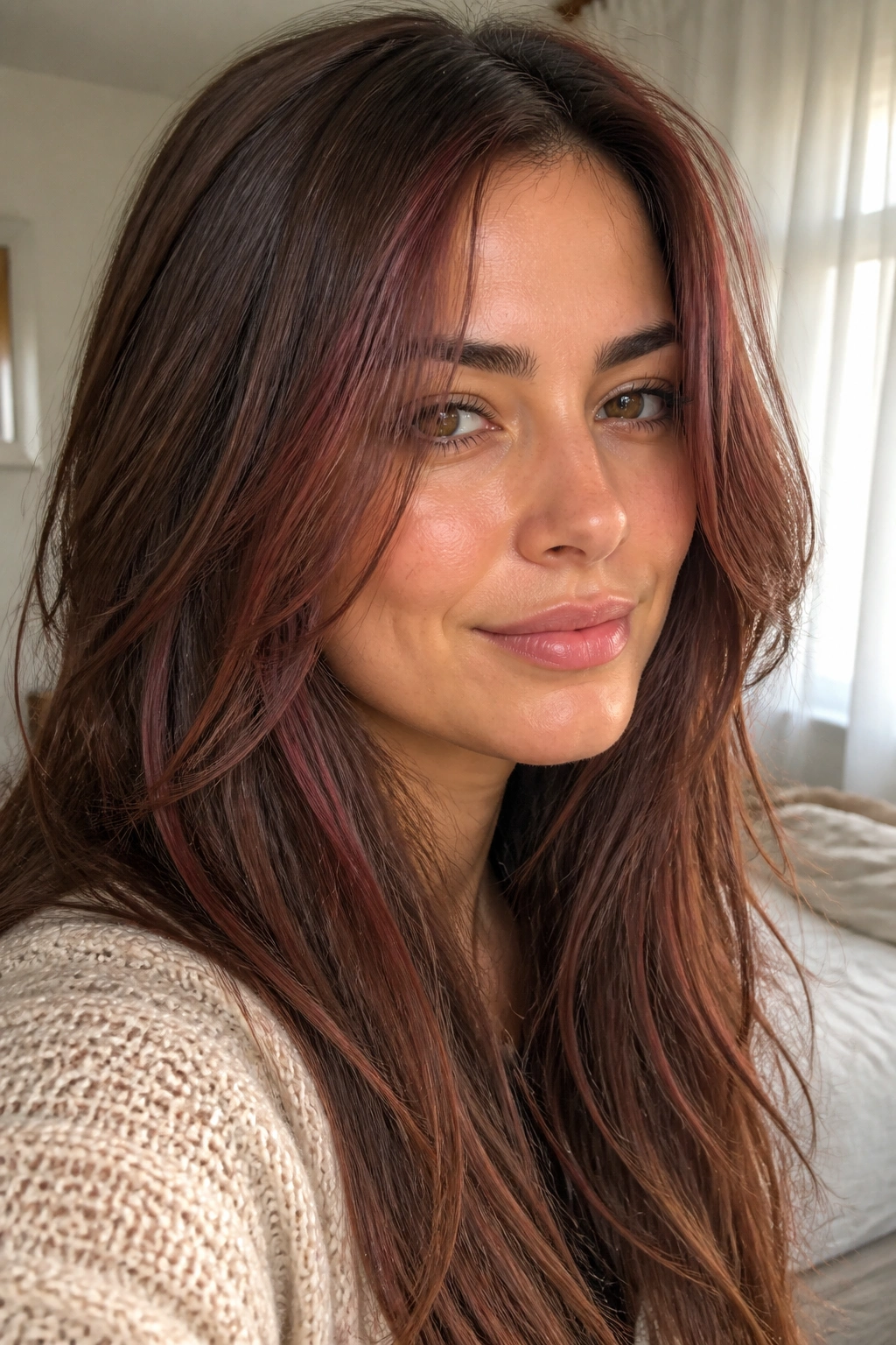 Close-up of a real woman with soft burgundy babylights in light brown hair under natural window light