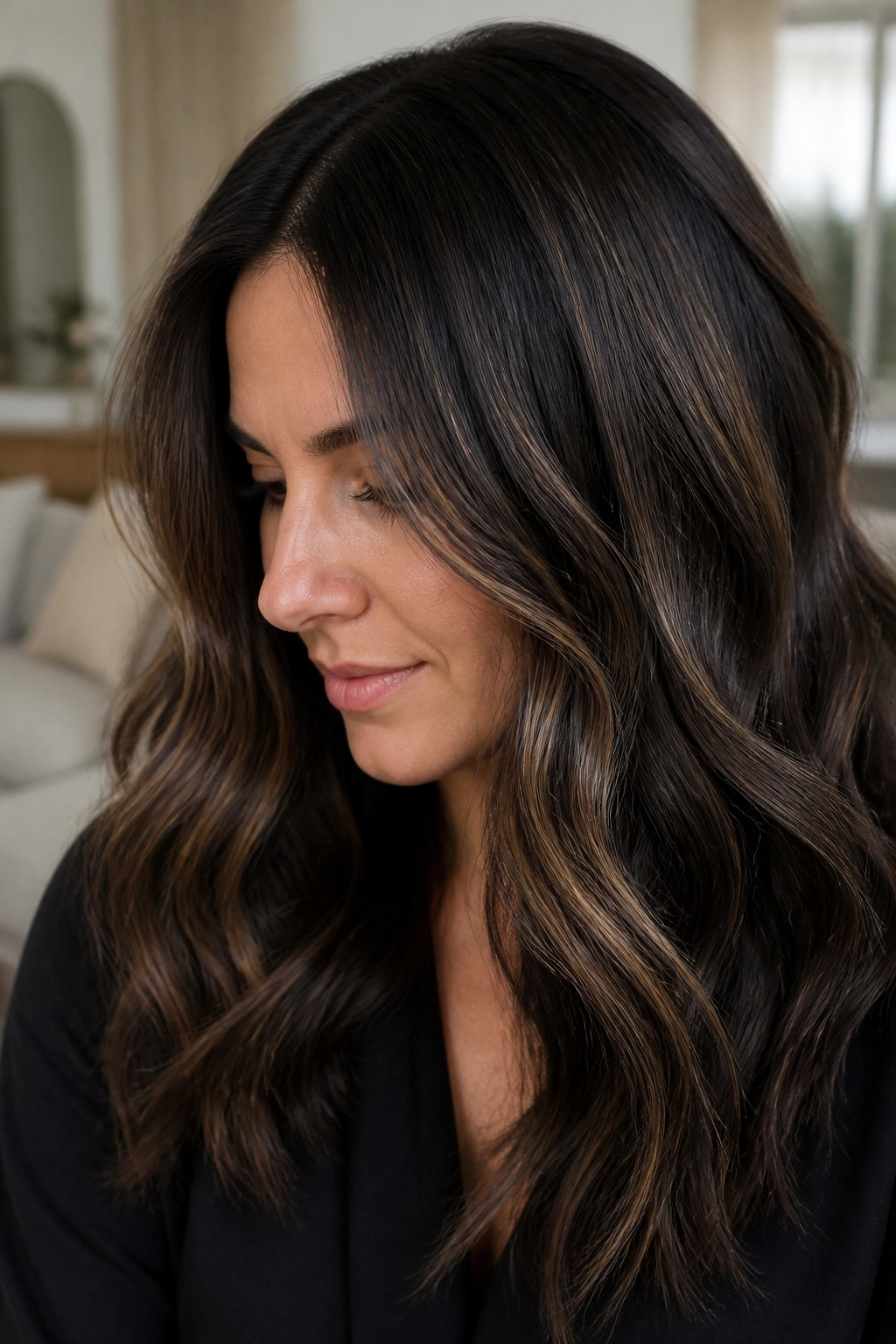 Close-up of a real woman with root-smudged caramel babylights on dark brunette hair