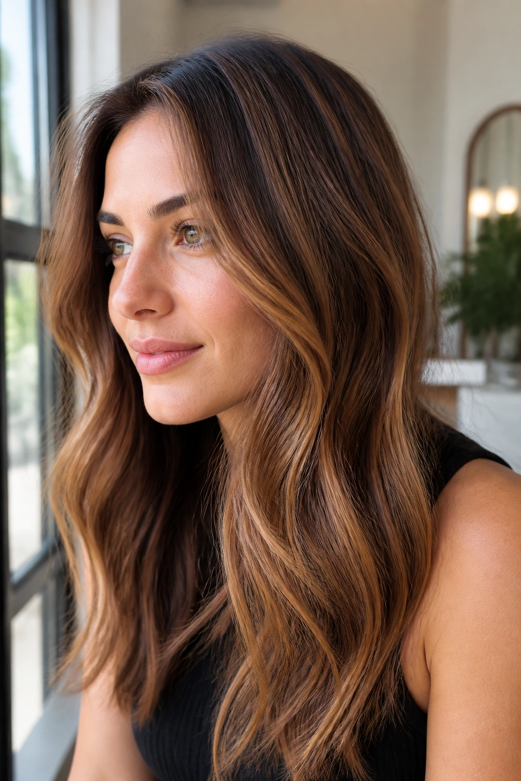 Close-up of a woman with micro-fine chestnut babylights in brown hair