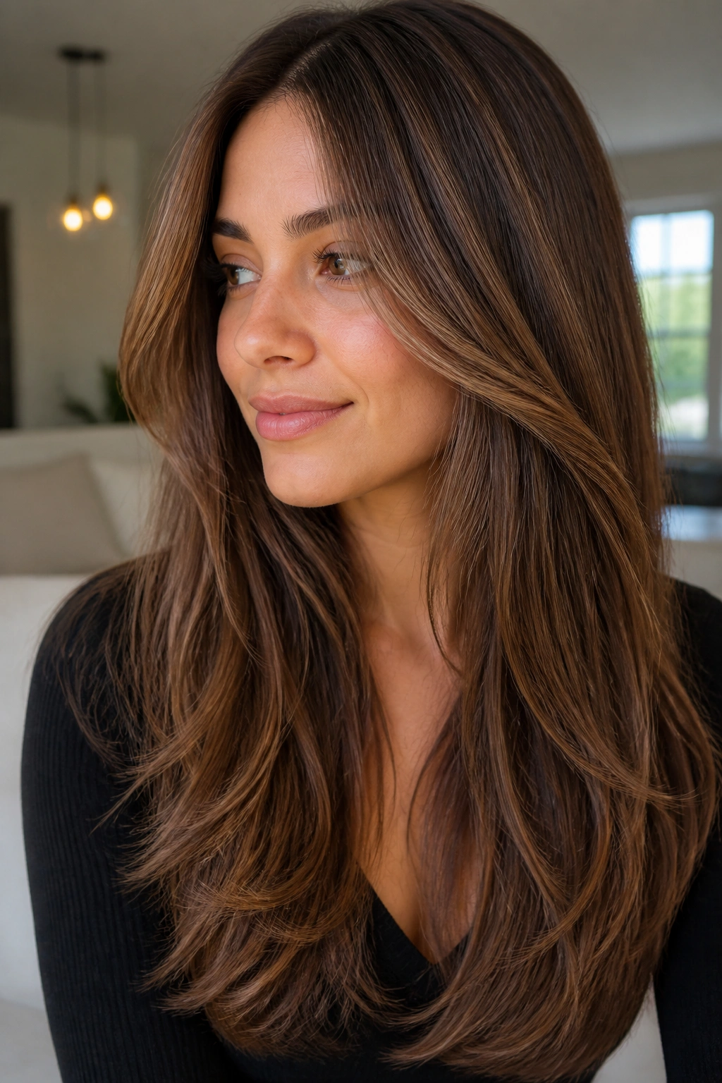 Close-up of long layered hair with fine chestnut babylights woven through.