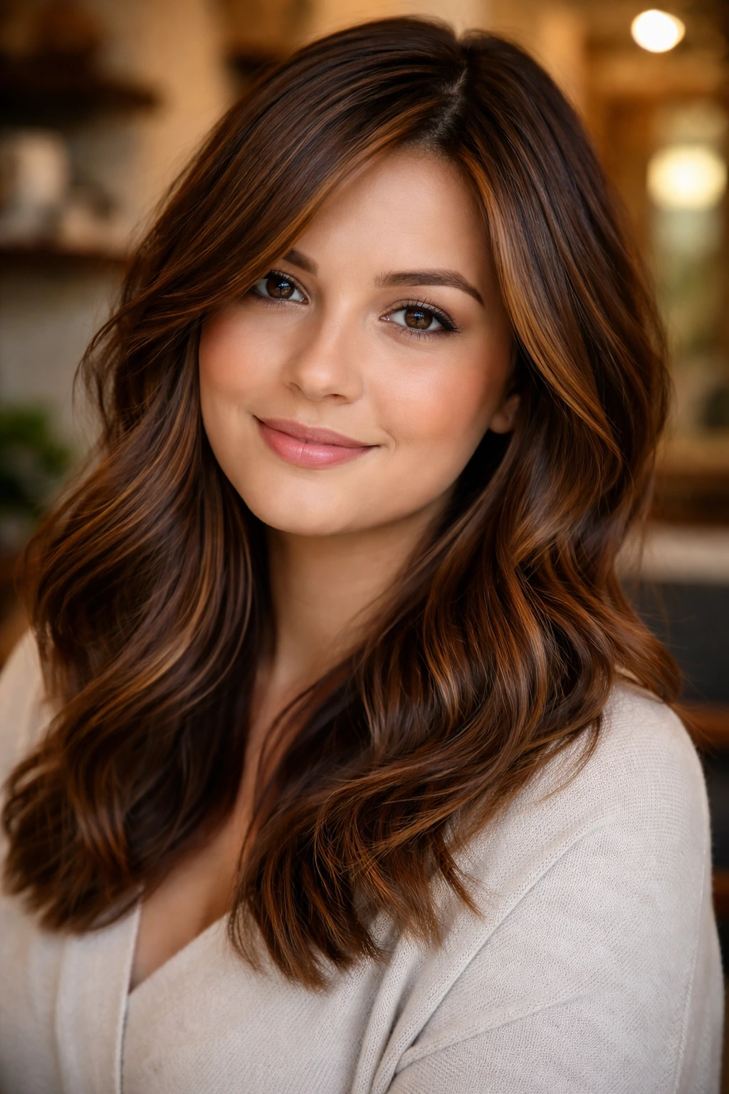 Close-up of a real woman with chestnut spice babylights.