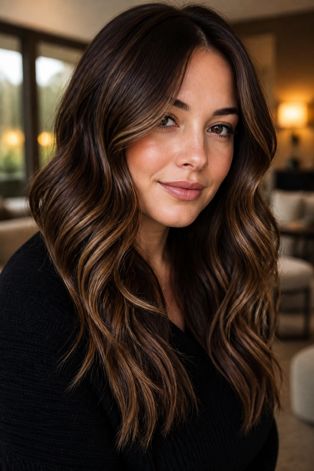 Close-up of a real woman with fine honey babylights through chocolate brown waves