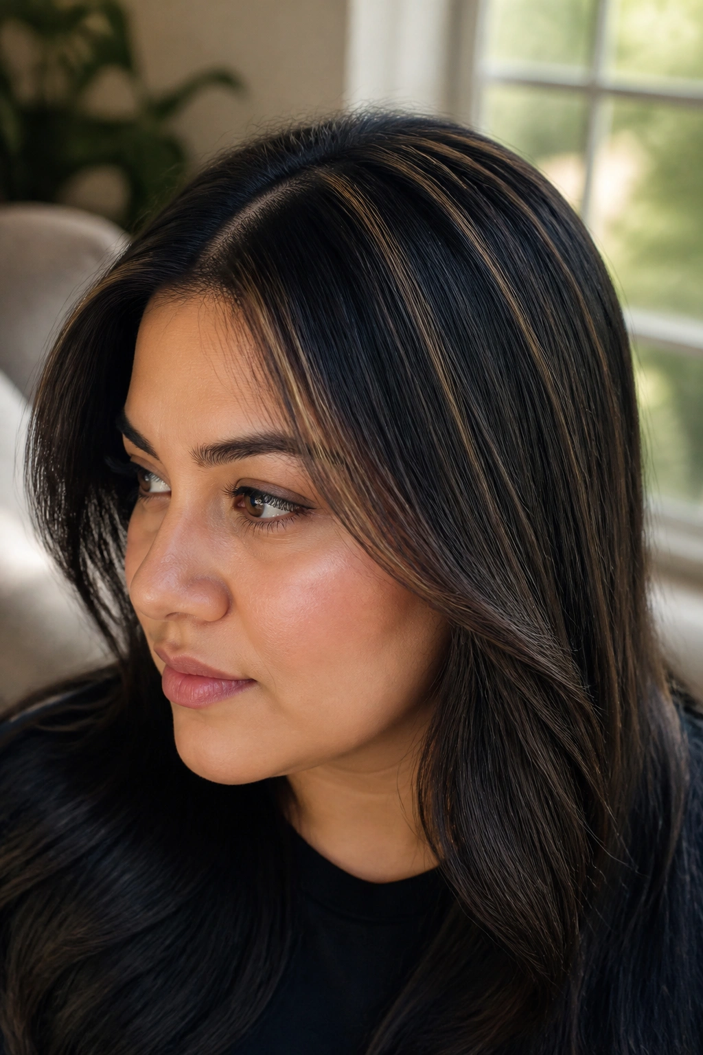 Close-up of a real woman with micro-thin babylights across the crown catching light