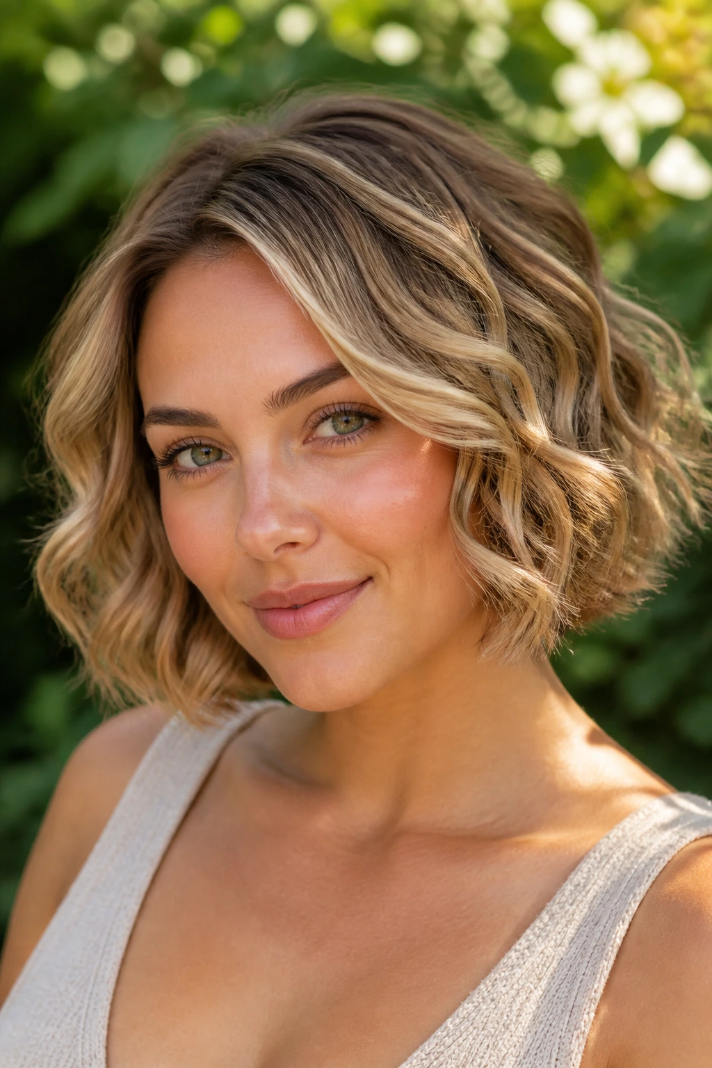 Real woman with curly bob and subtle babylights showing soft waves.