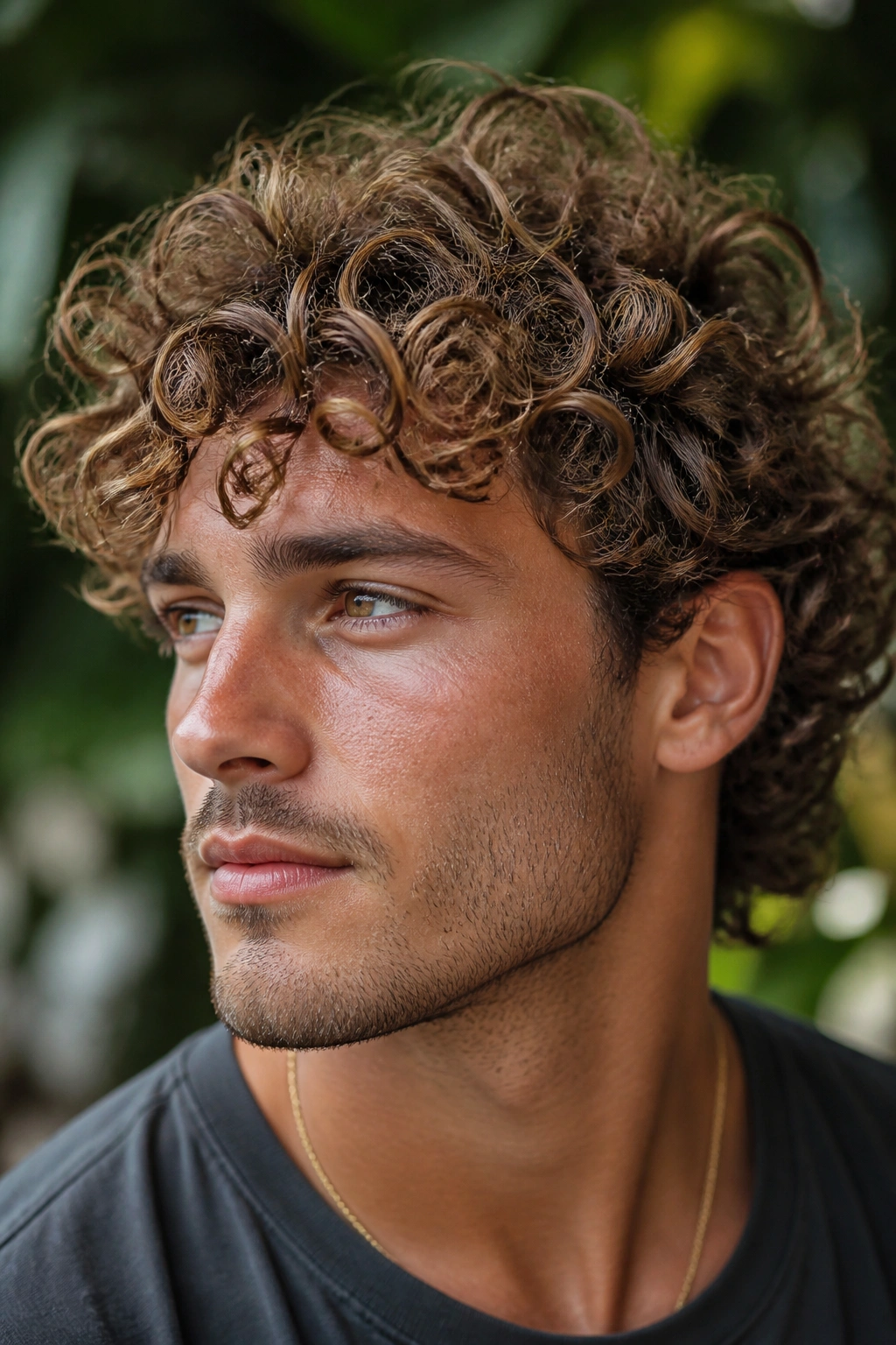 Curly-haired man with babylights in natural light