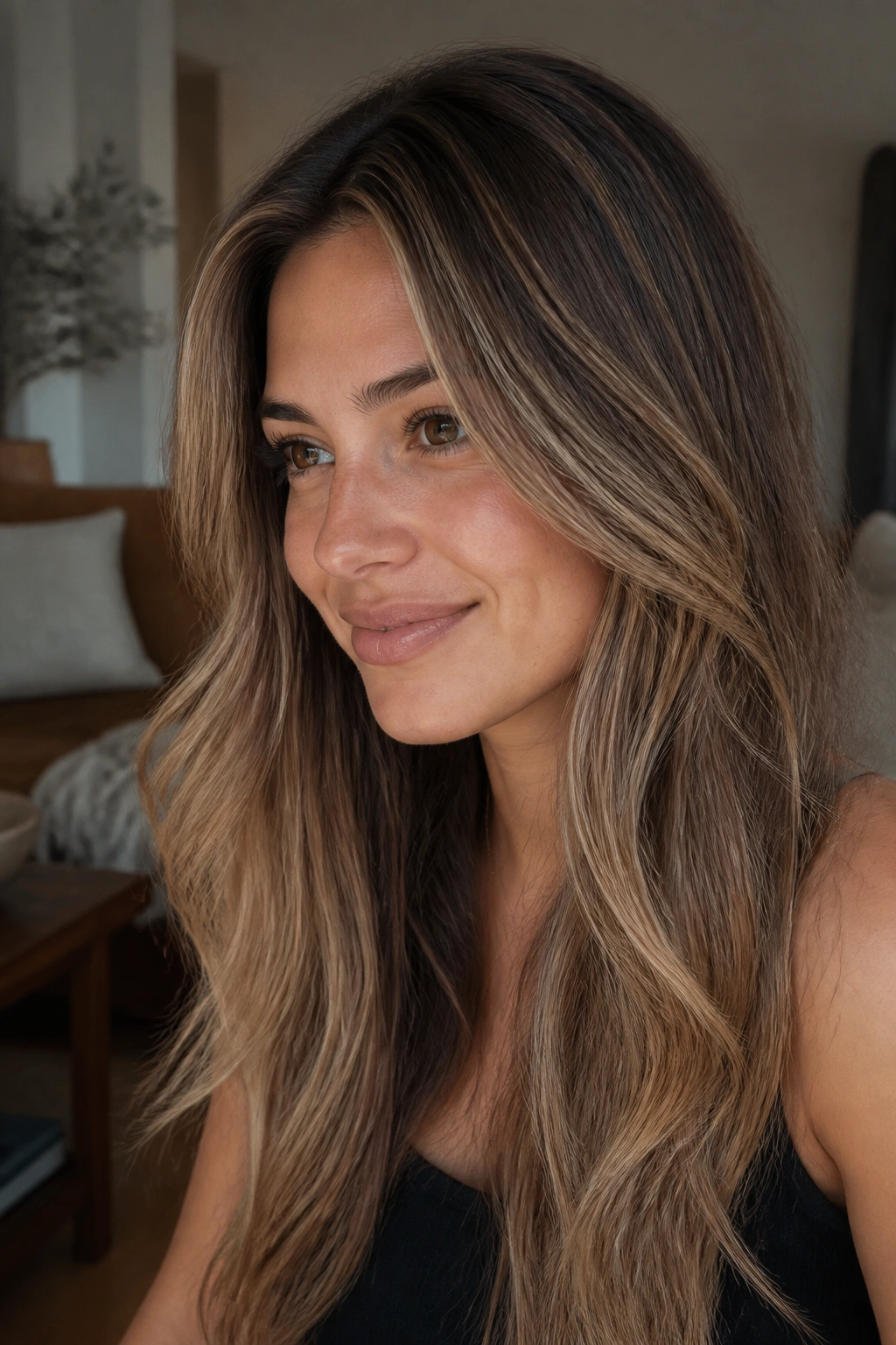 Close-up of a real woman with delicate babylights and a dark root smudge on brunette hair.
