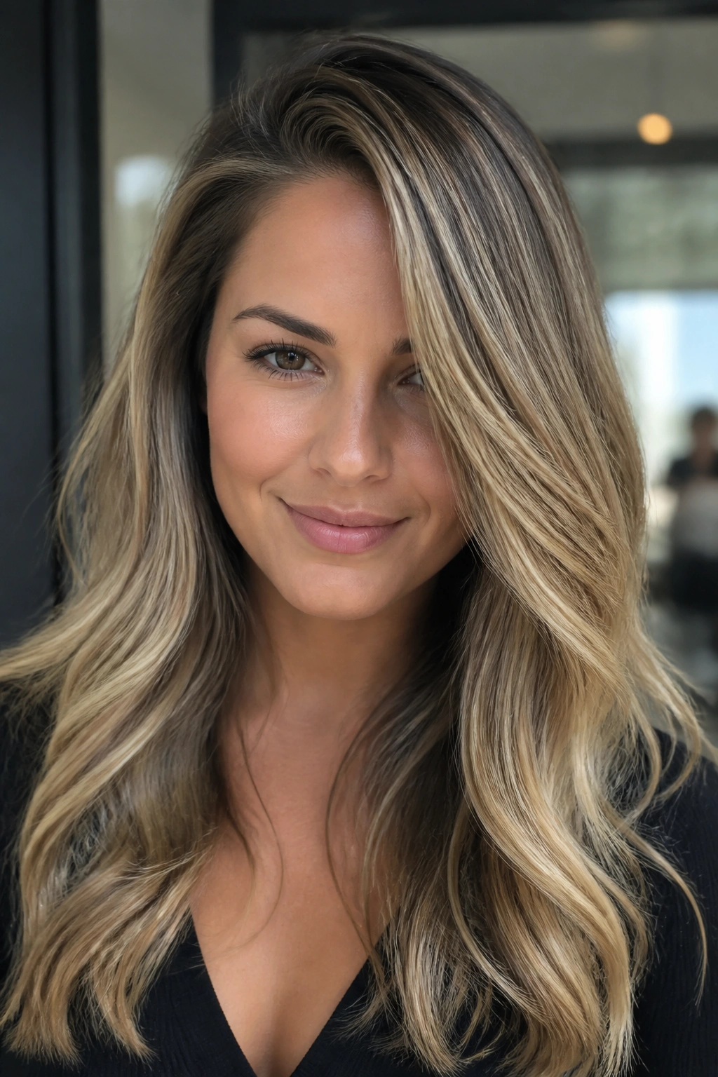 Portrait of a real woman with a deep side part and scattered babylights