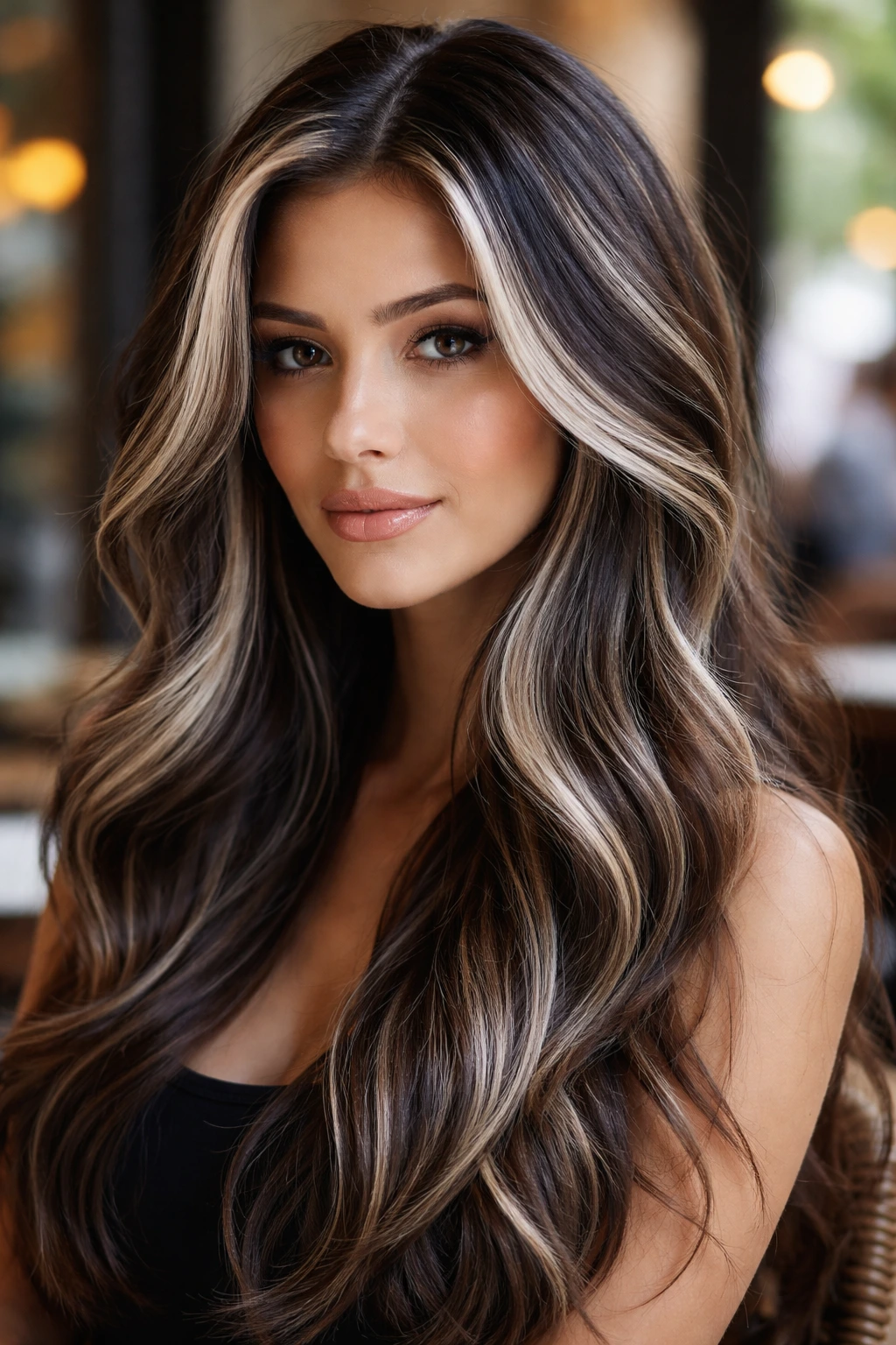Close-up of a real woman with icy white babylights on espresso-brown hair.