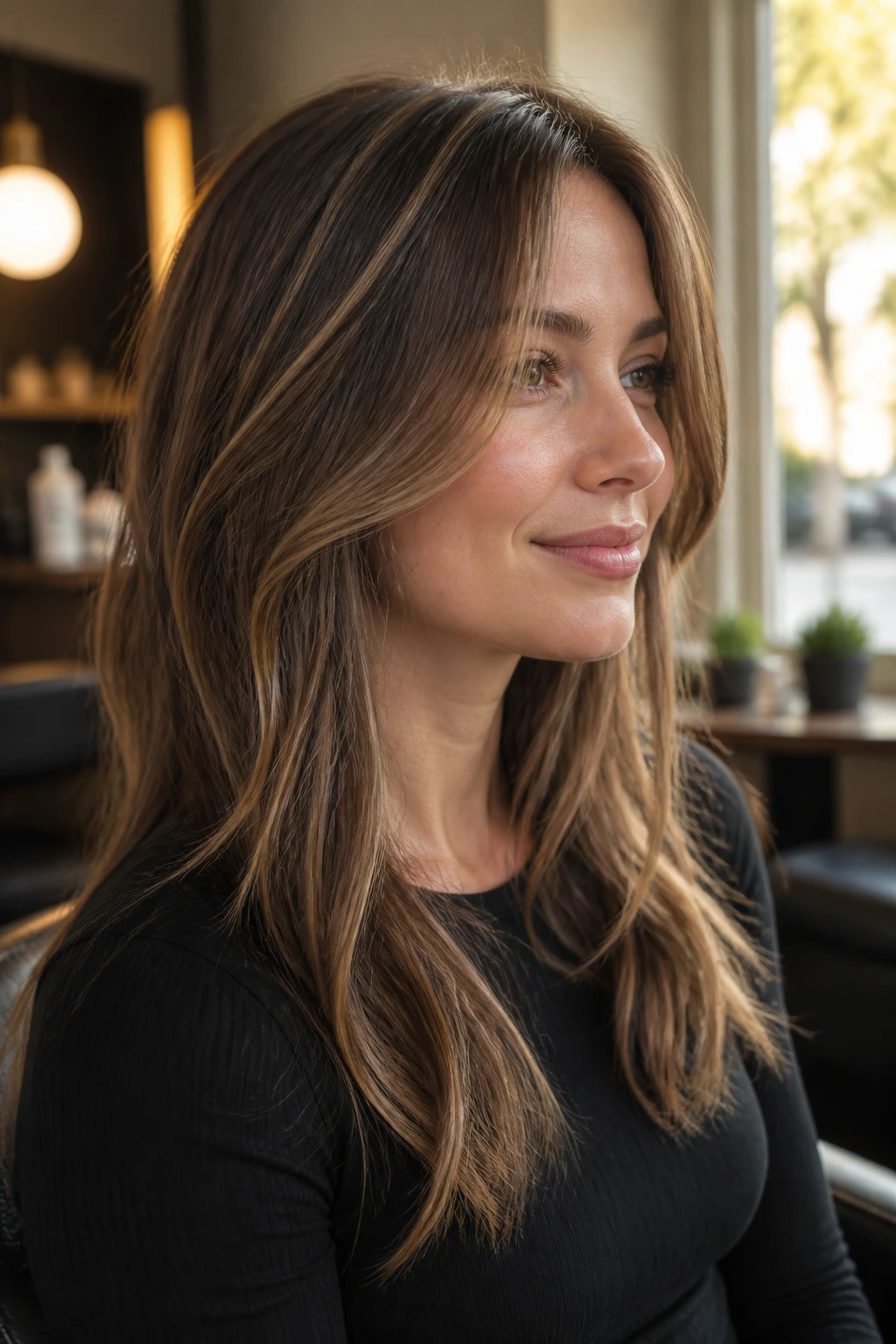 Close-up of a real woman with fine brown hair showing babylights in warm window light