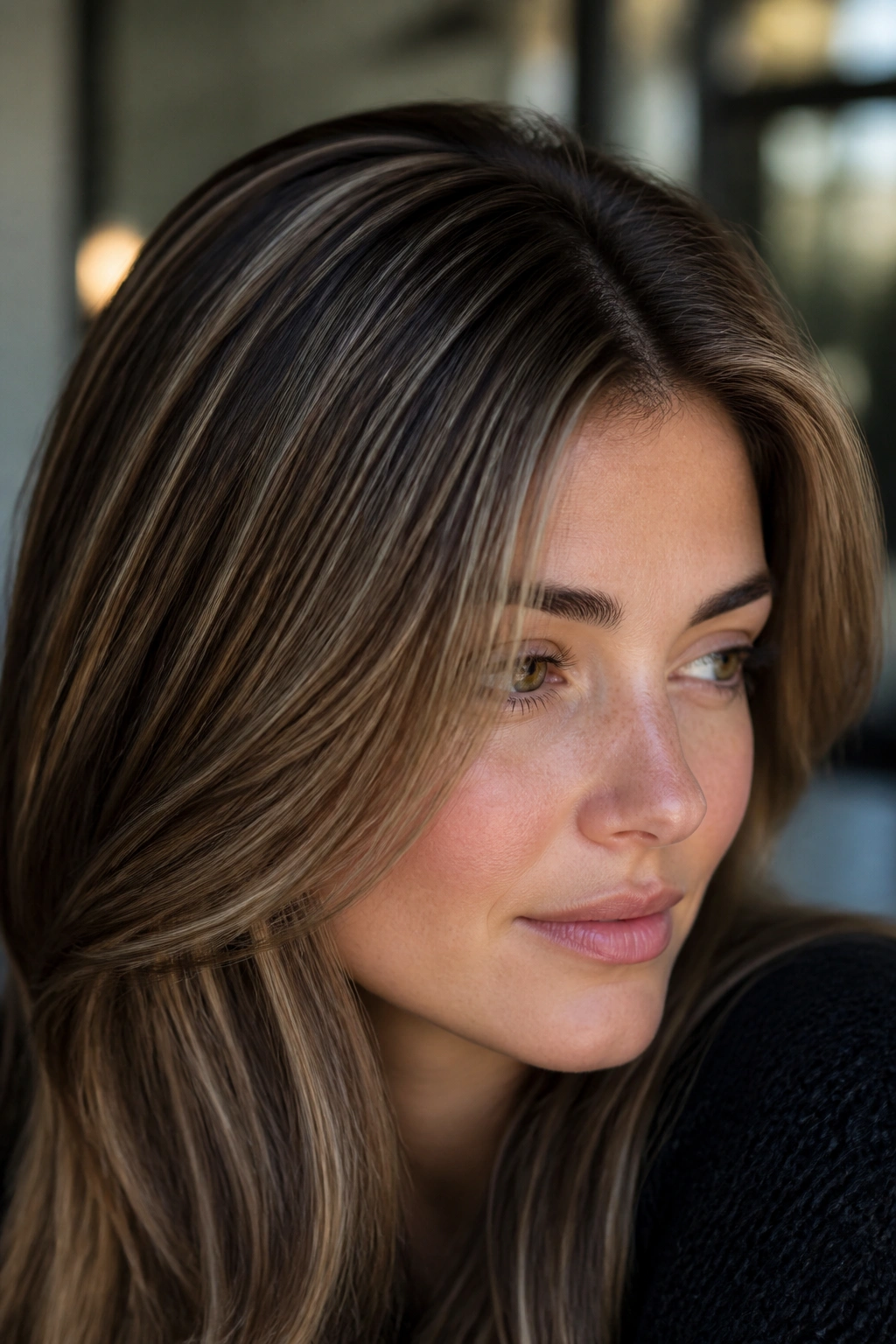 Close-up of a real woman with fine hair and glossy babylights around the hairline