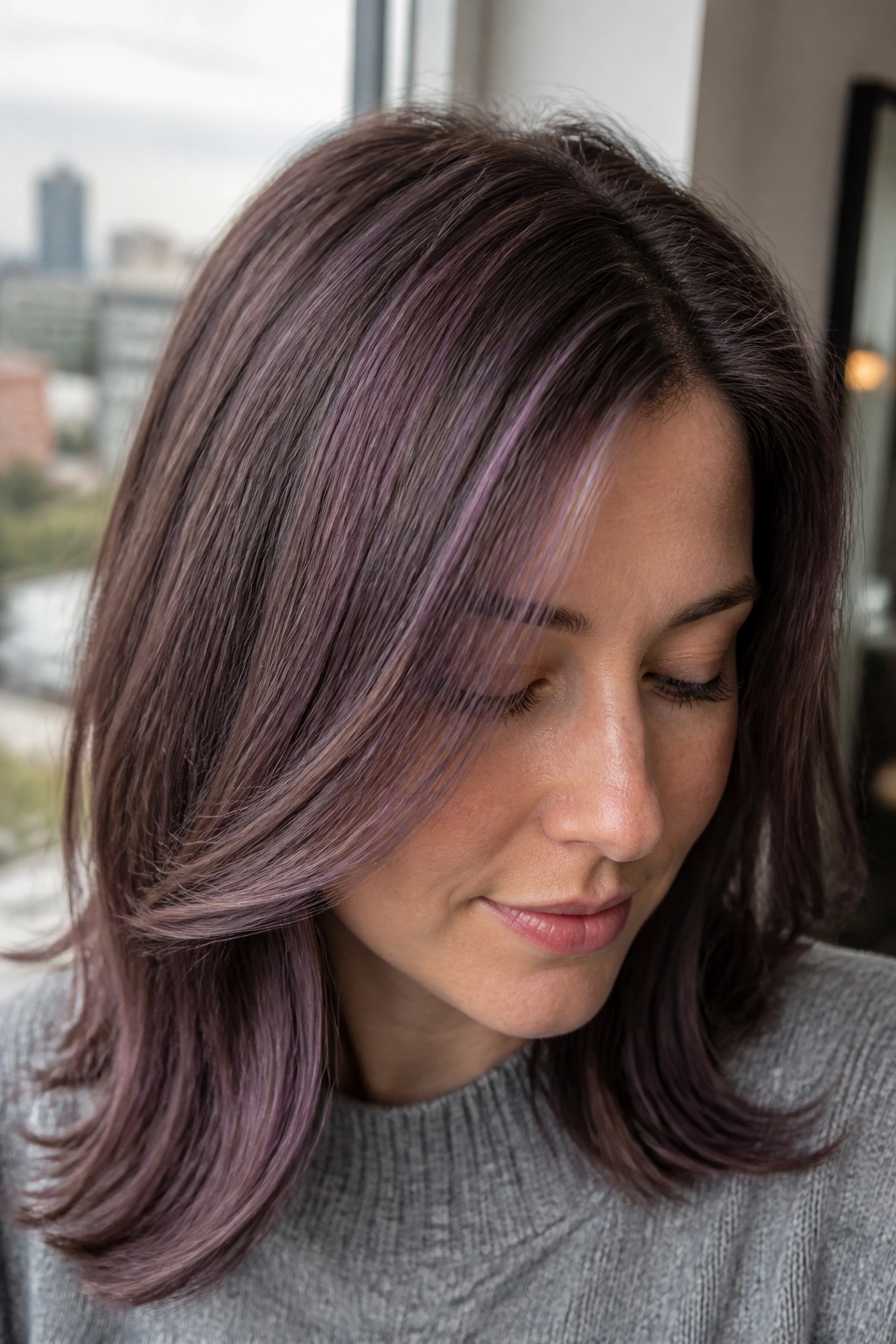 Close-up of a real person with feather-fine babylights for fine hair on a round face