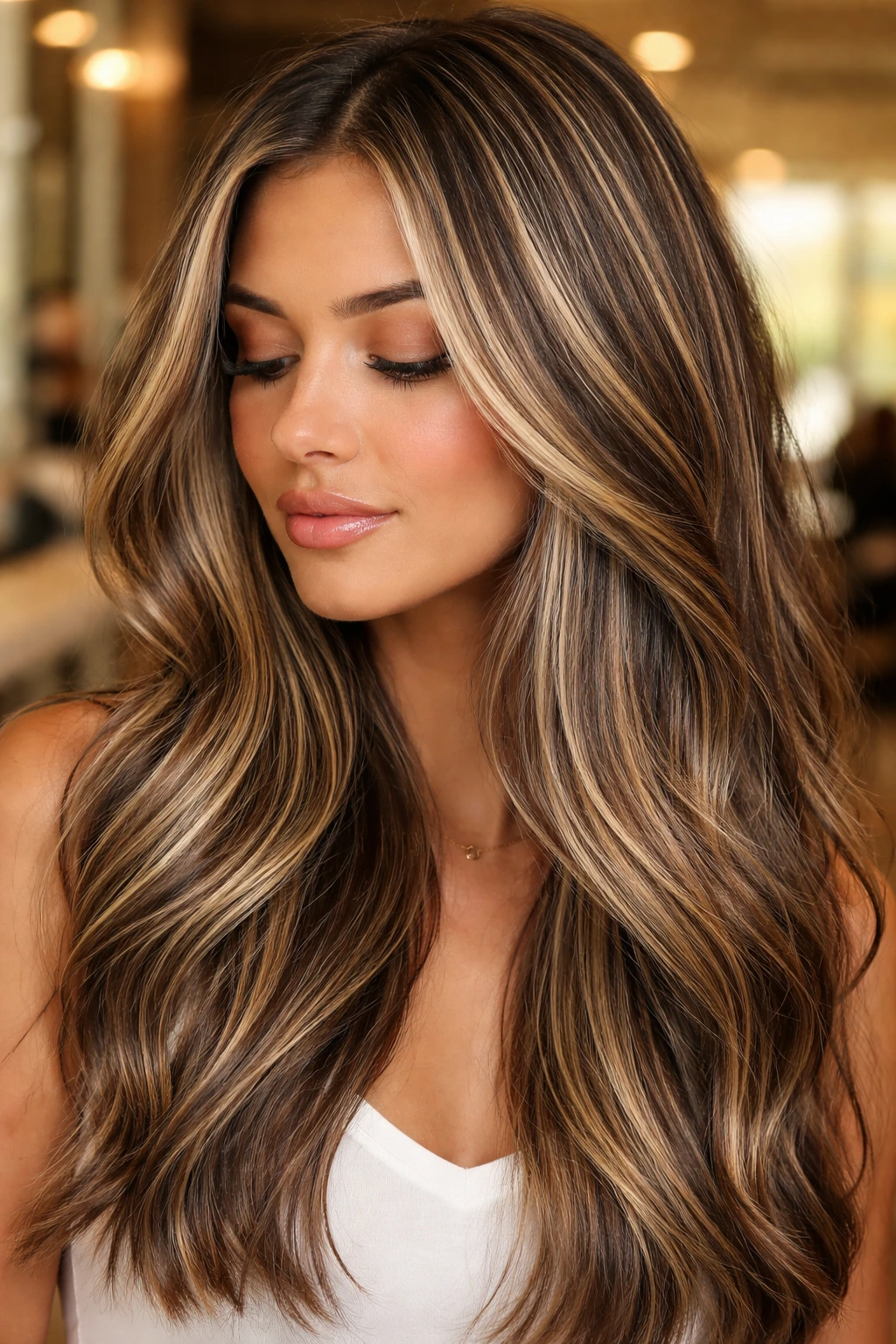 Close-up of a real woman's head with full-head babylights across her hair.