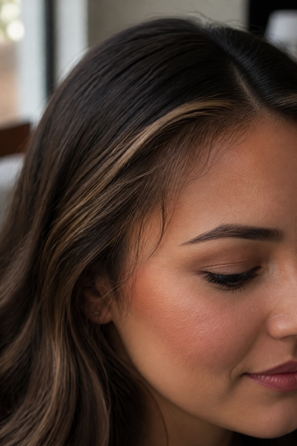 Close-up of a real woman's hairline with ultra-fine babylights near the part and temples