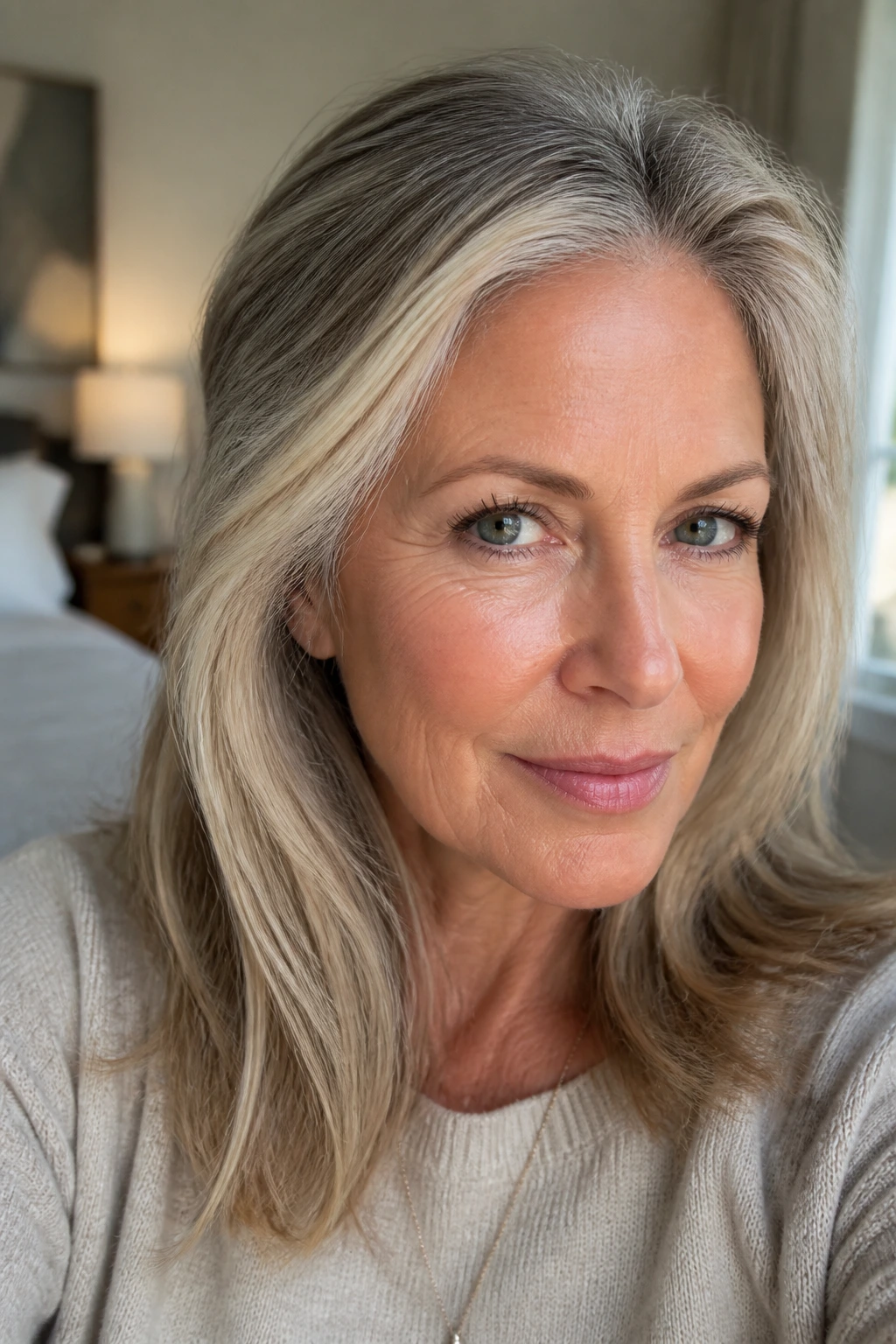 Close-up of a woman's face with soft babylights along the hairline in natural bedroom light
