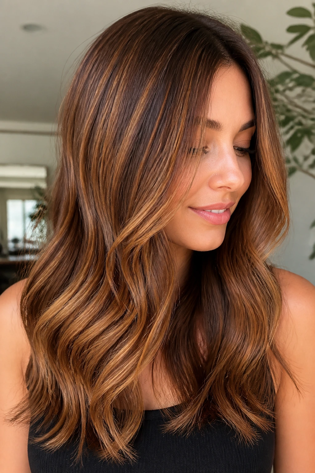 Close-up of a real woman with micro-fine honey-strawberry babylights giving a glossy shine